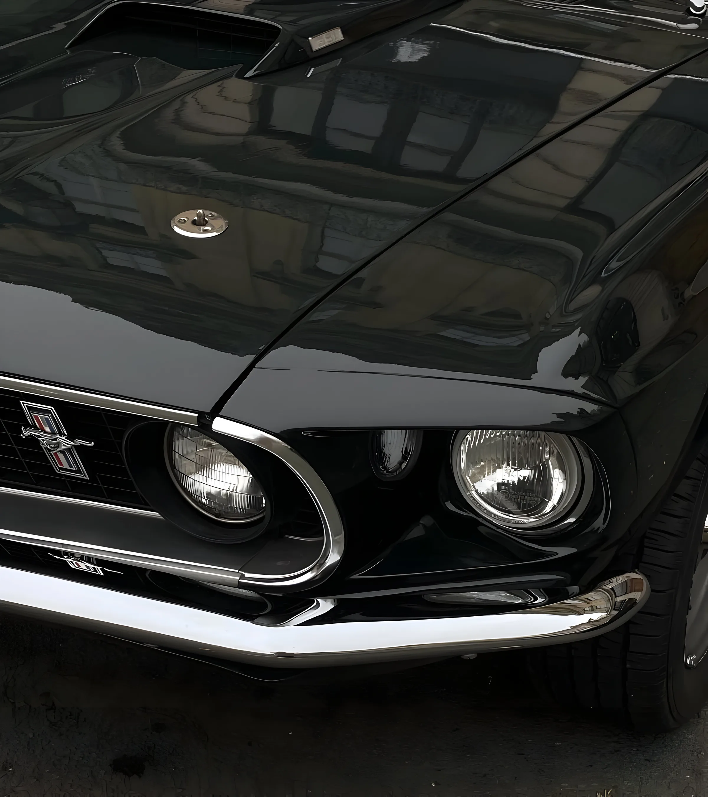 Close-up of a glossy black vintage Ford Mustang's hood, chrome bumper, grille badge and round headlights.