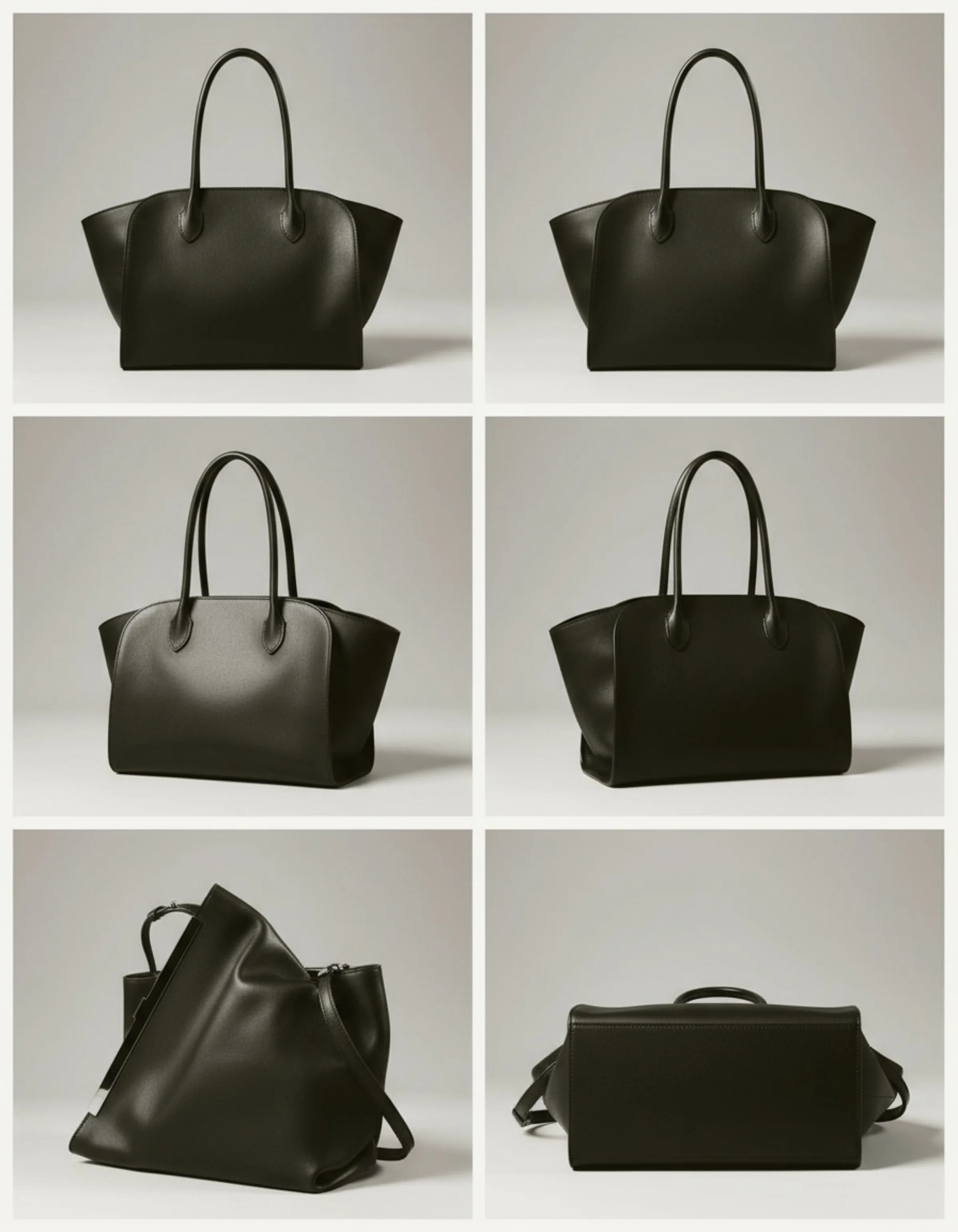 AI image grid of a black leather tote bag shown from six angles on a light grey backdrop. The Row AI Concept.