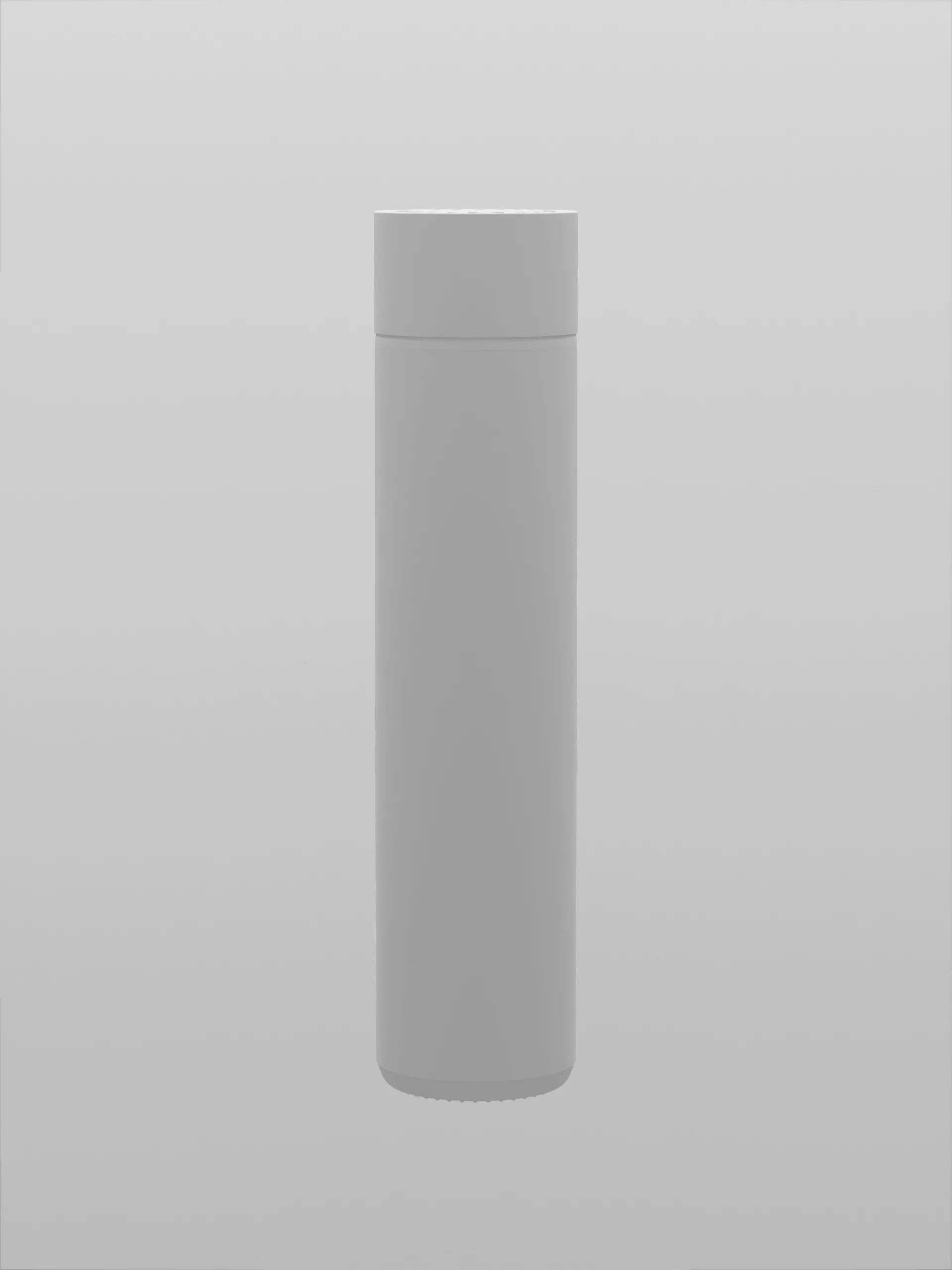 CGI clay render of a tall untextured white cylindrical bottle with cap on a light grey background, for VOSS.