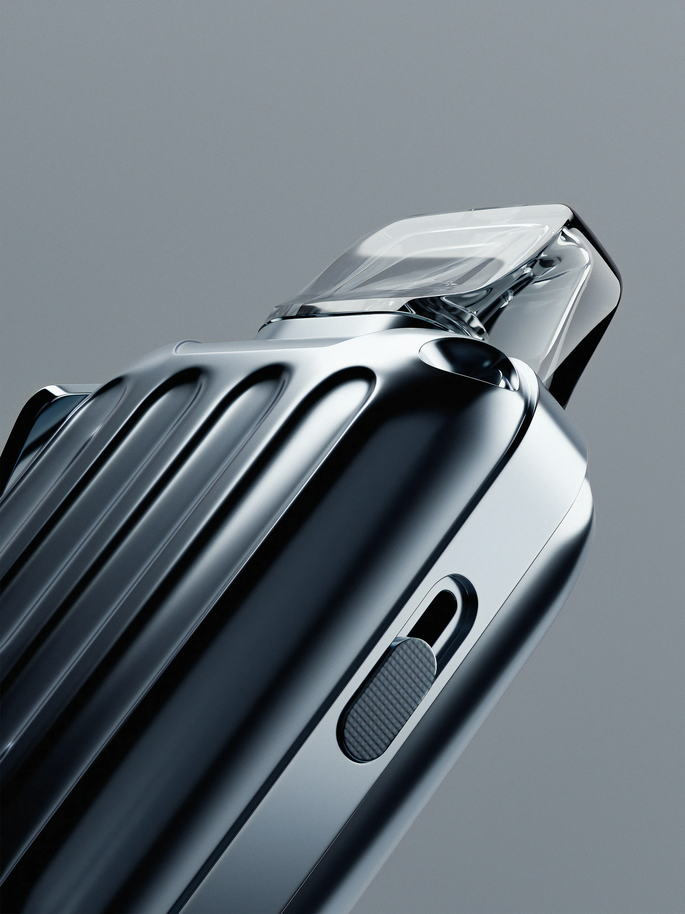 CGI render of a ribbed chrome vape device with a clear mouthpiece and side slider on a grey background, for Rill.