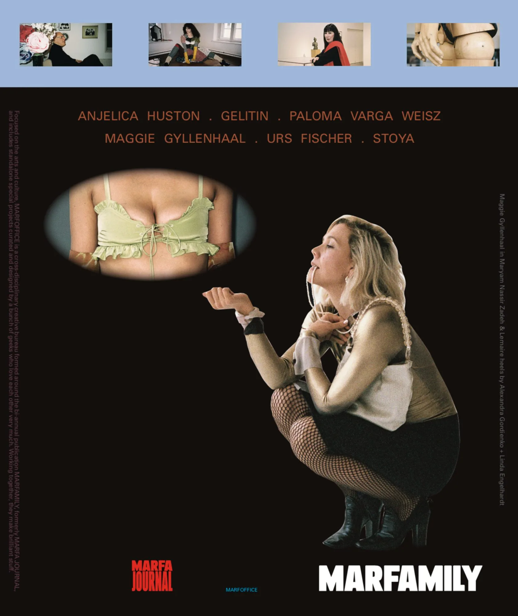 Magazine cover with a blonde woman crouching in fishnets and a gold top beside an oval inset of a green bra, for Marfa Journal.