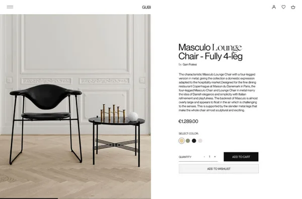 Product page showing the black Masculo Lounge Chair beside a side table in a white panelled room, for Gubi.