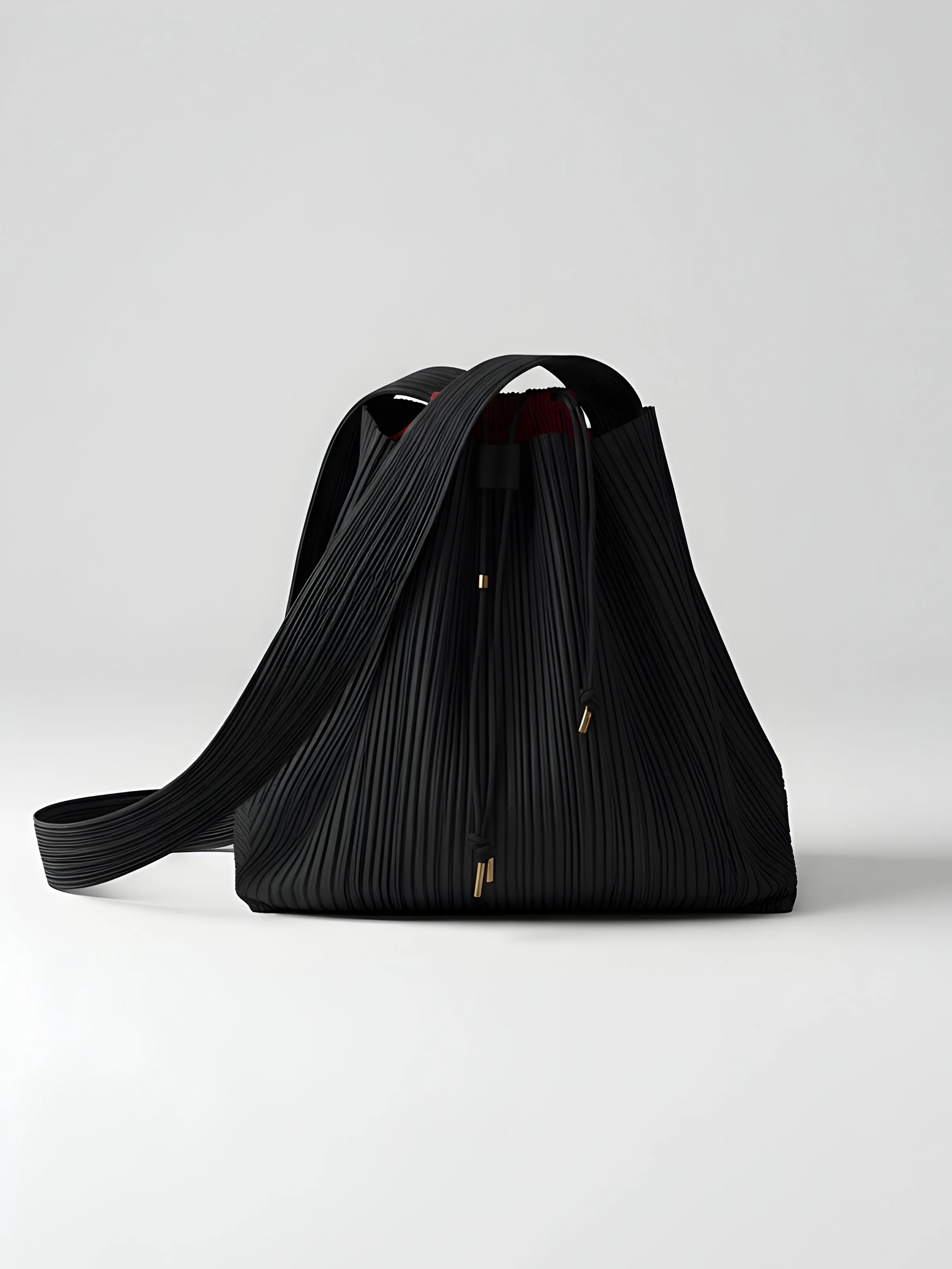AI image of a black pleated bucket bag with drawstring and gold tips on a light grey background. Issey Miyake AI Concept.