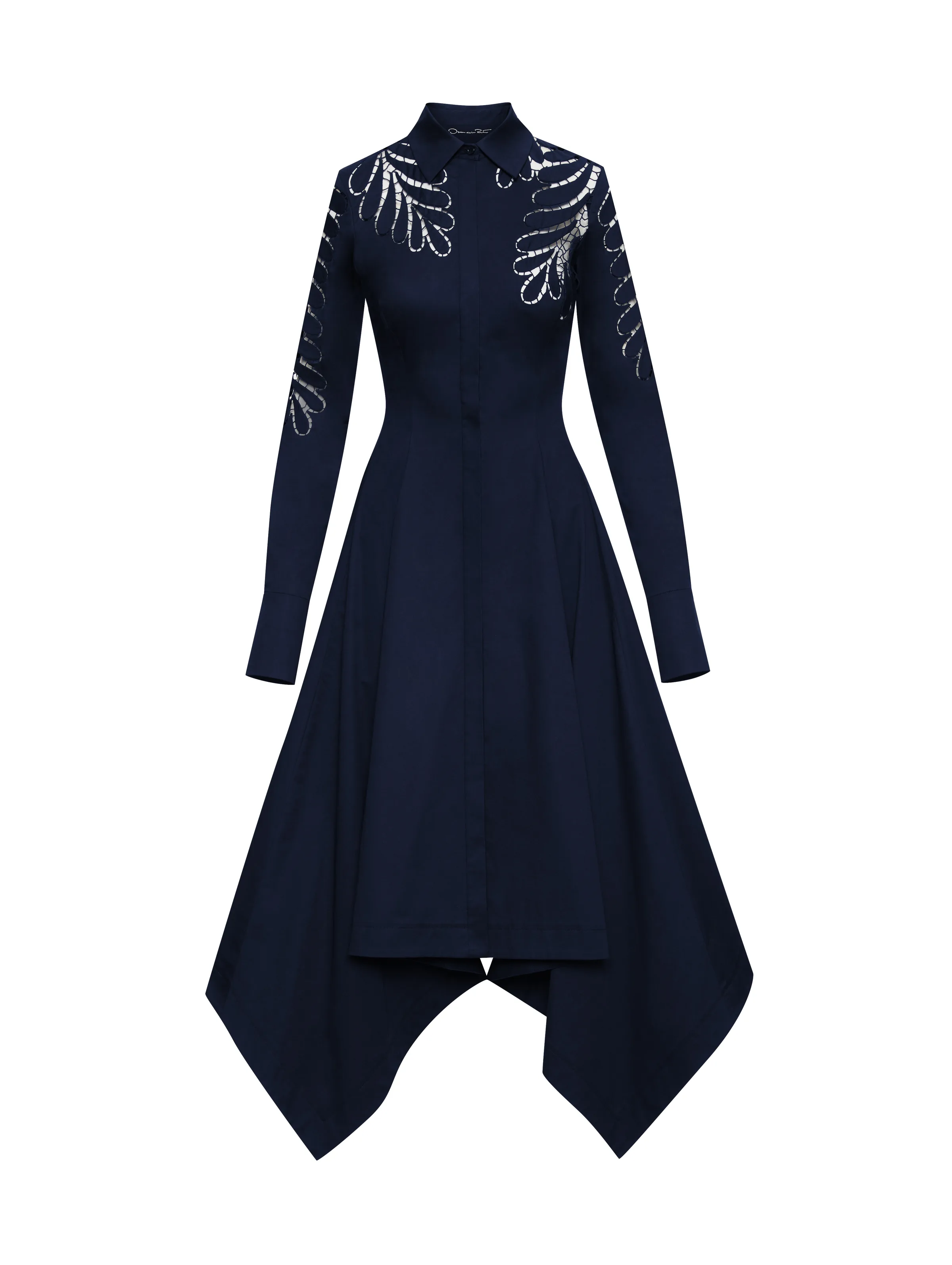 Navy long-sleeve shirt dress with leaf cutout embroidery and handkerchief hem on white, for Oscar de la Renta.