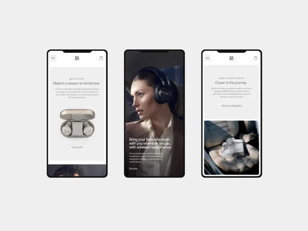 Three mobile website screens showing earbuds, a woman in wireless headphones and a RIMOWA collaboration, for Bang & Olufsen.