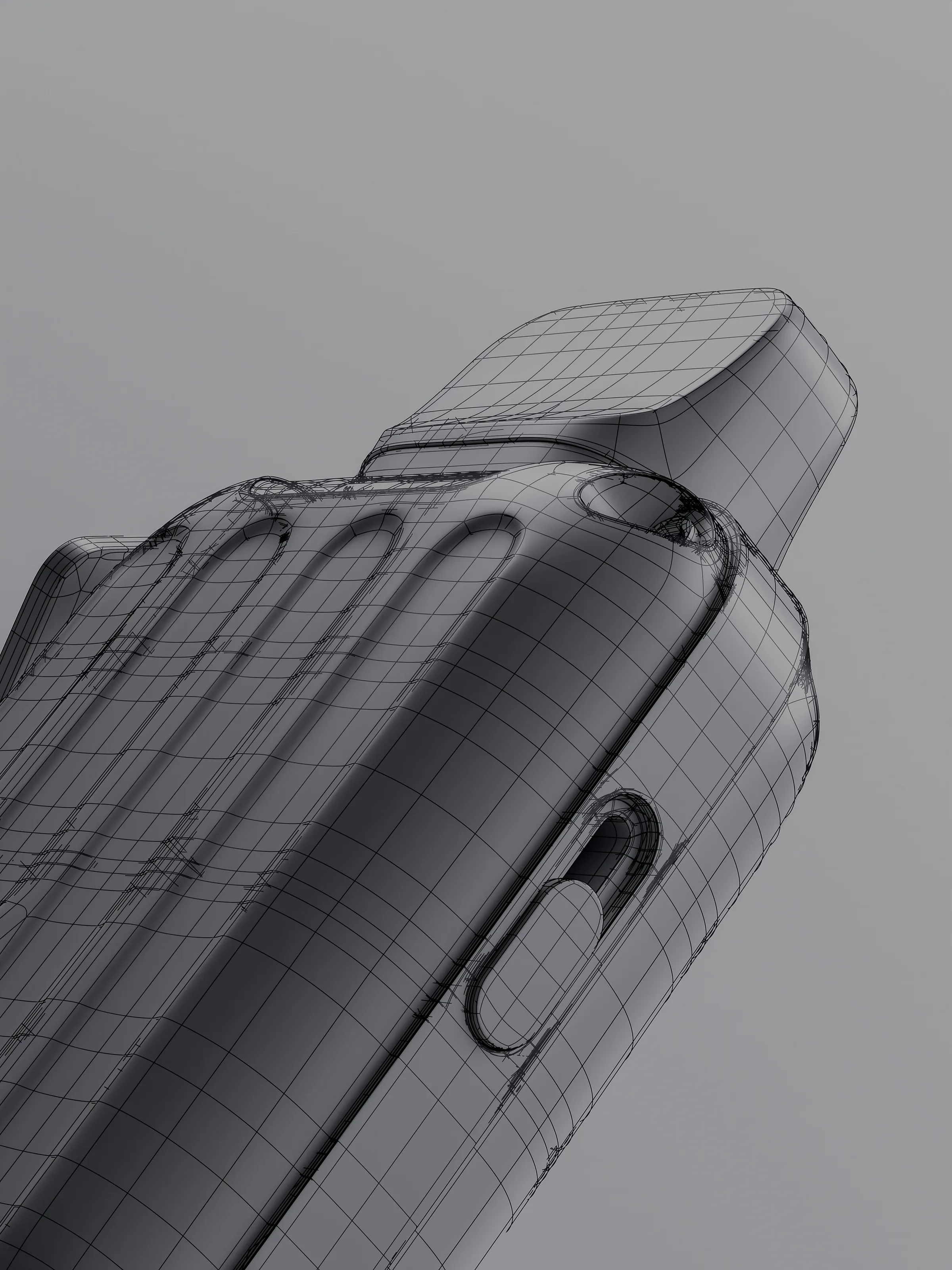 CGI wireframe render of a ribbed handheld device with a side slider, shown in grey mesh against a grey backdrop, for Rill.