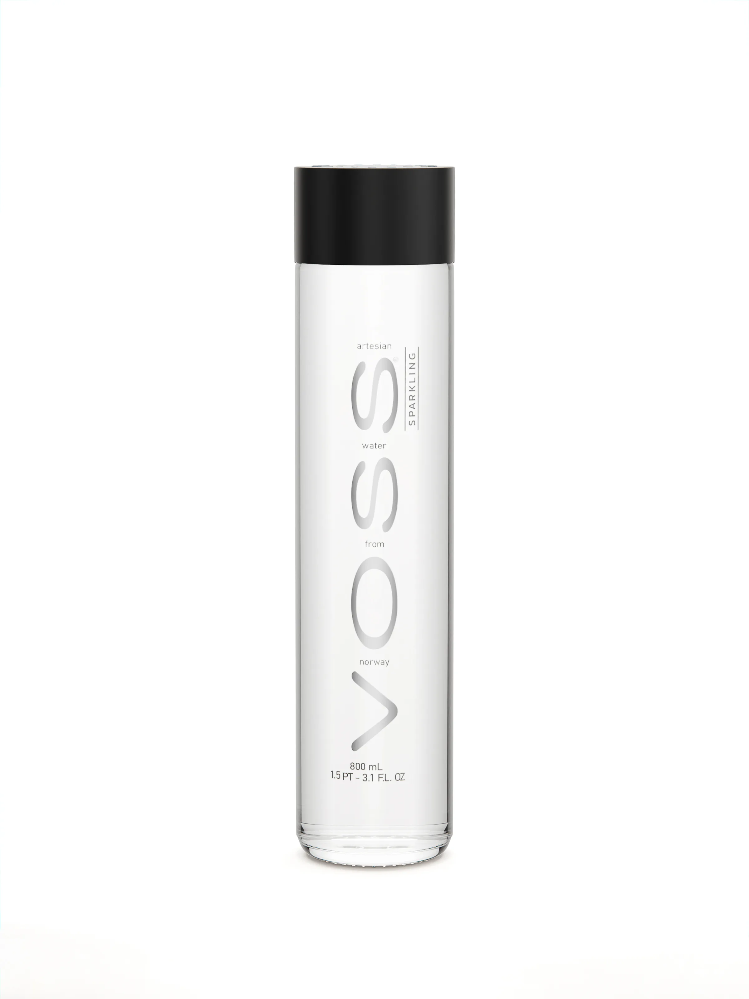 CGI render of a clear glass sparkling water bottle with black cap on a white background, for Voss.