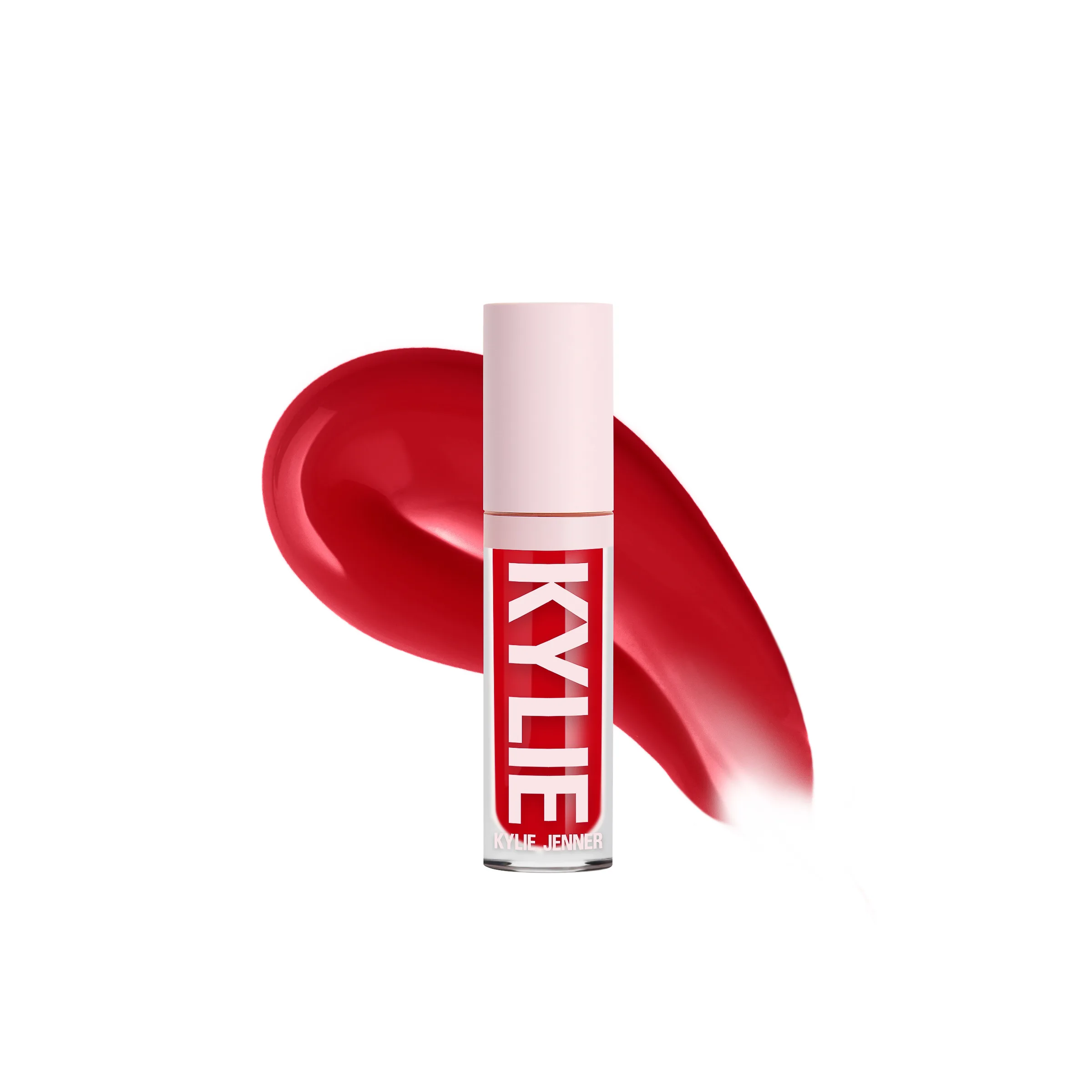 Red lip gloss tube with pink cap beside a glossy red product swatch on white, for Kylie Cosmetics.