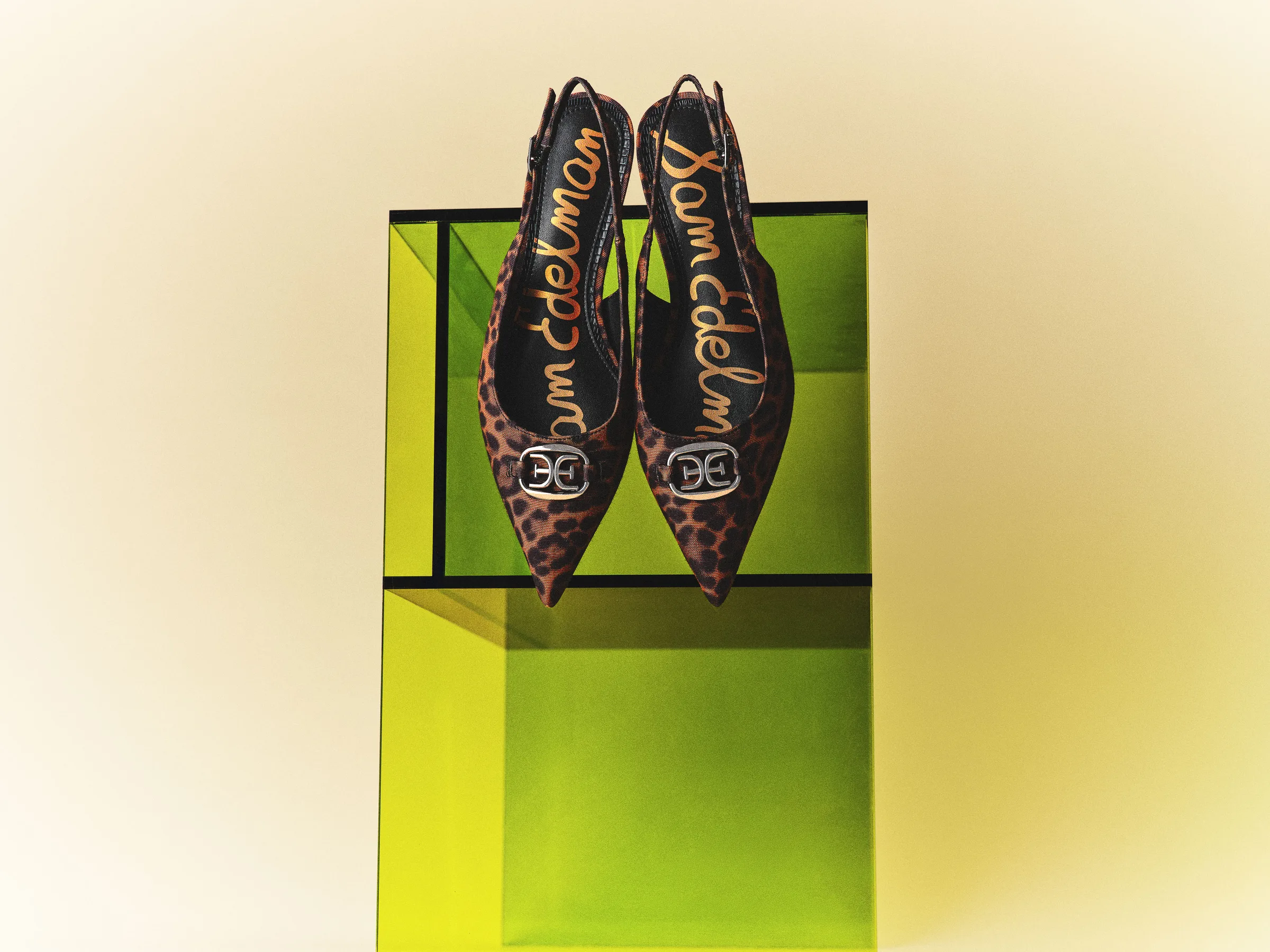 Leopard print pointed slingback flats with silver logo buckles on a lime green acrylic cube, for Sam Edelman.