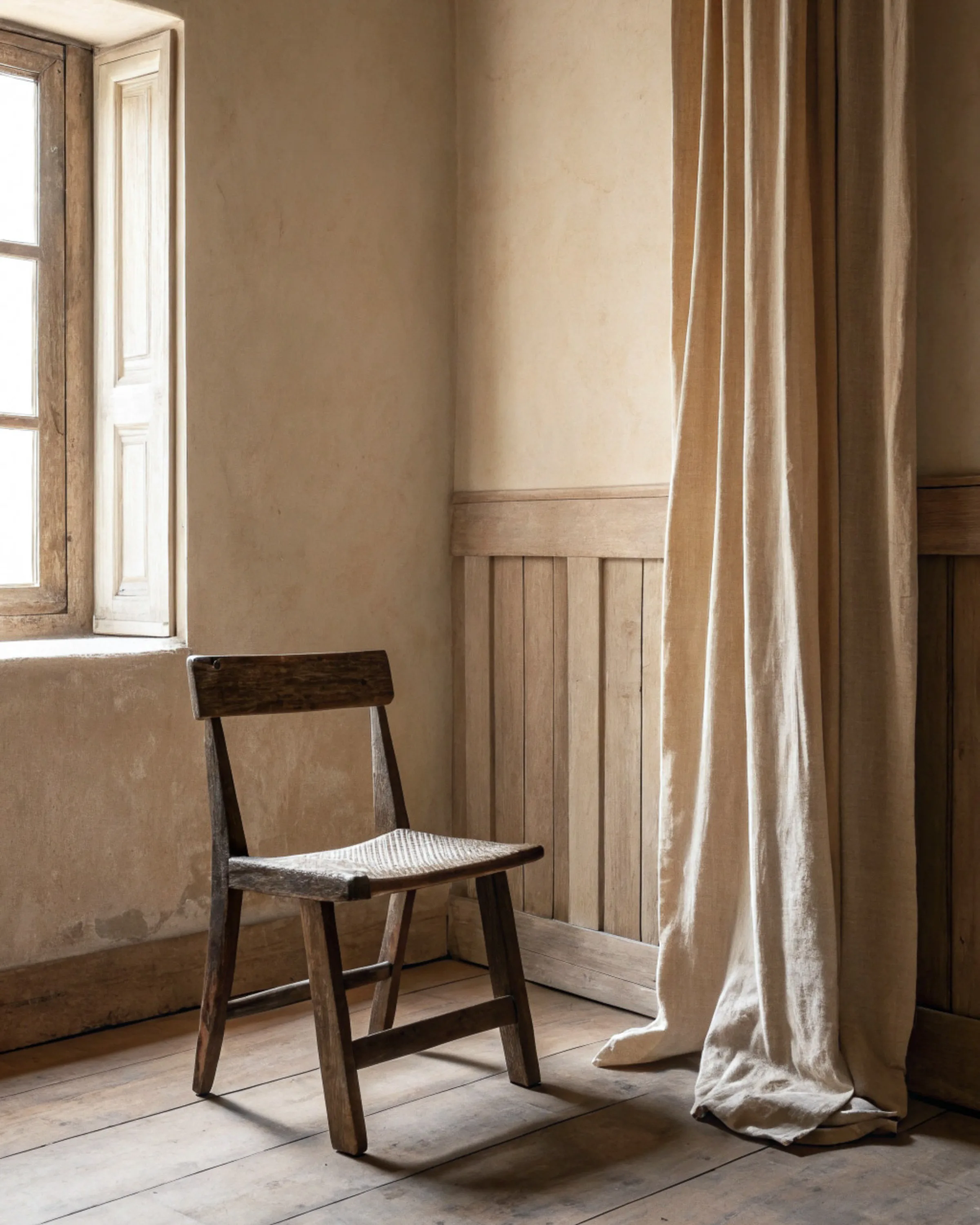 AI image of a rustic wooden chair with woven seat beside a pooling linen curtain in a sunlit plaster room. Frama AI Concept.