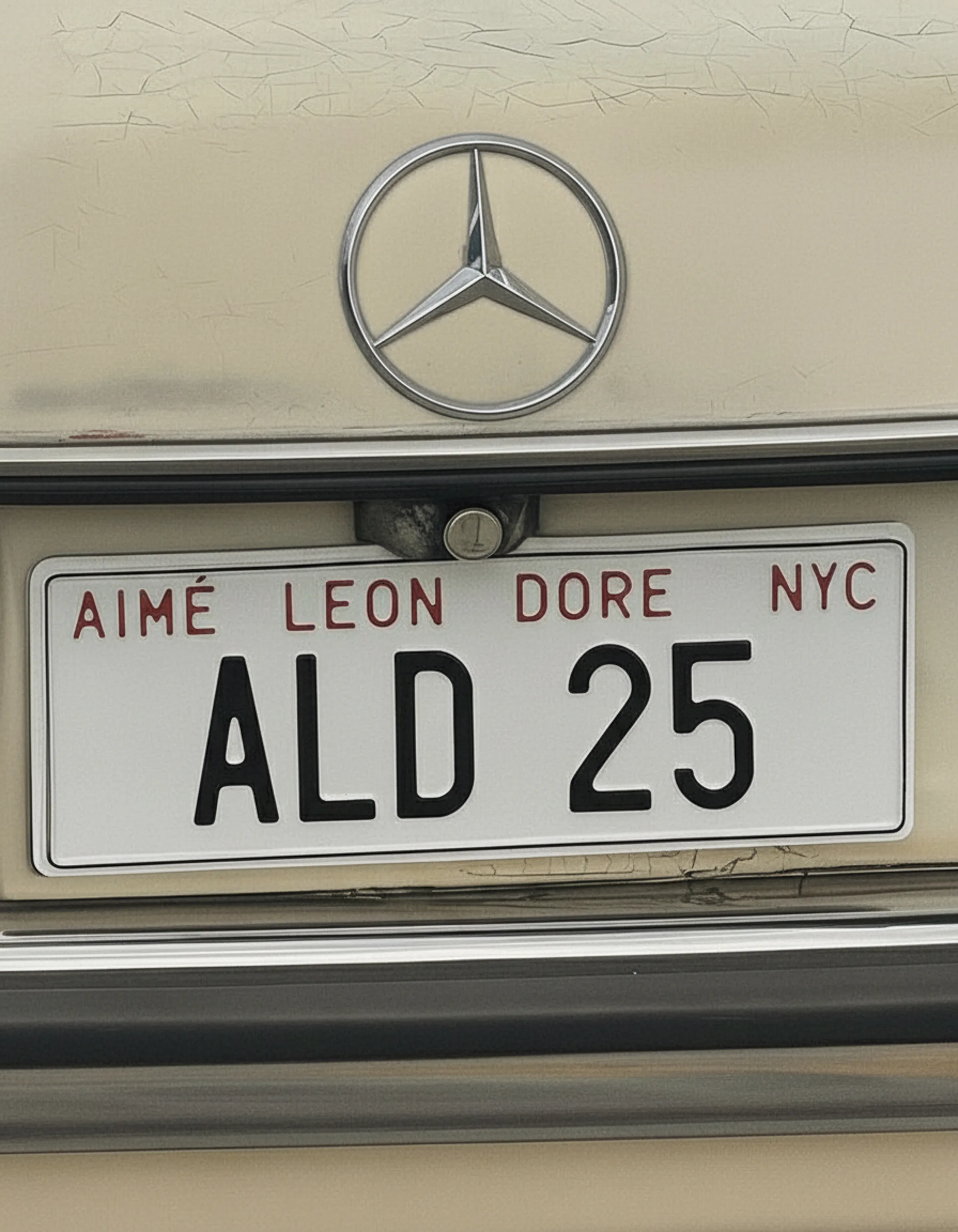 AI image of a cream vintage Mercedes trunk with chrome star and an 