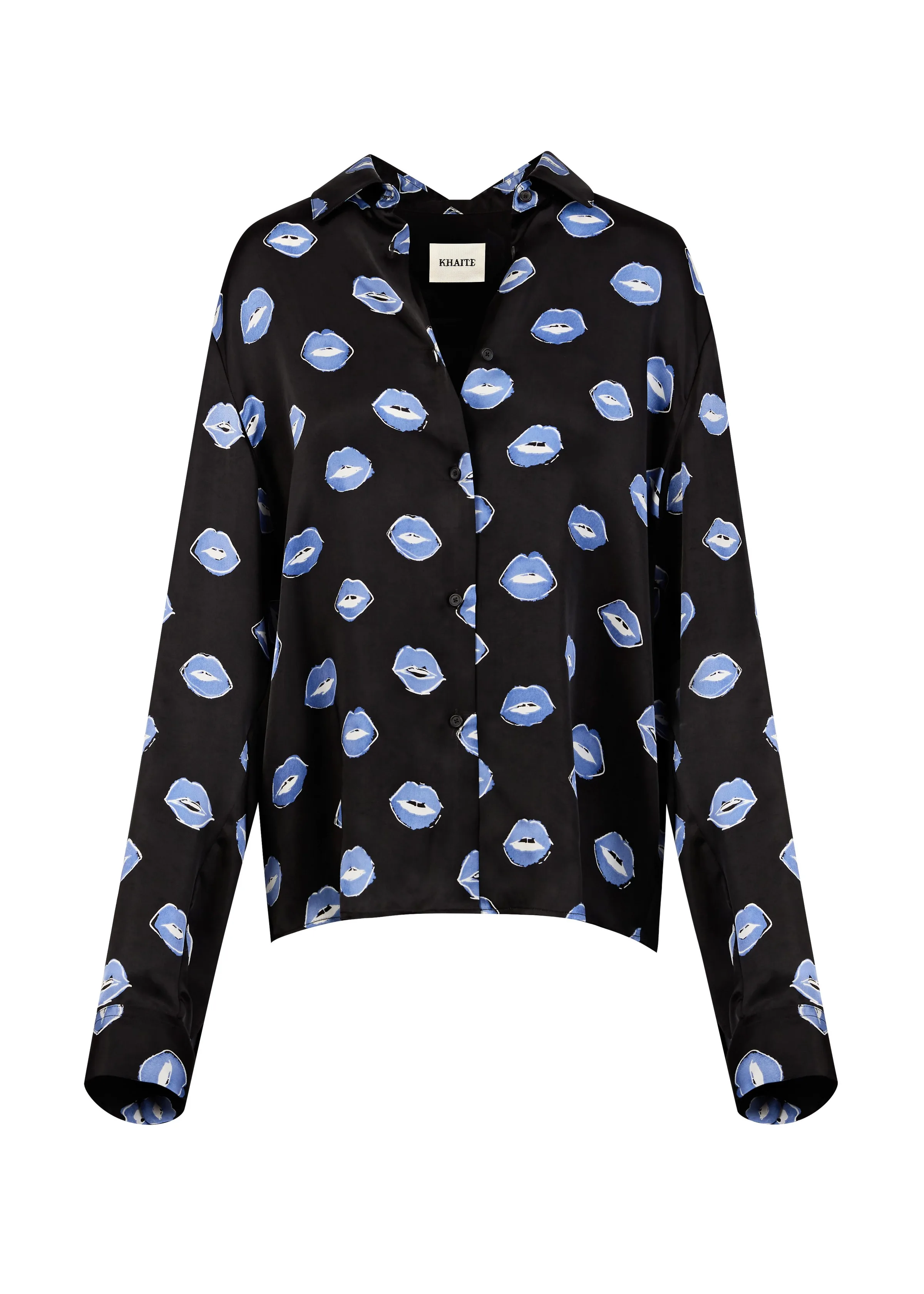 Black satin button-up shirt with blue lips print on a white background, for Khaite.