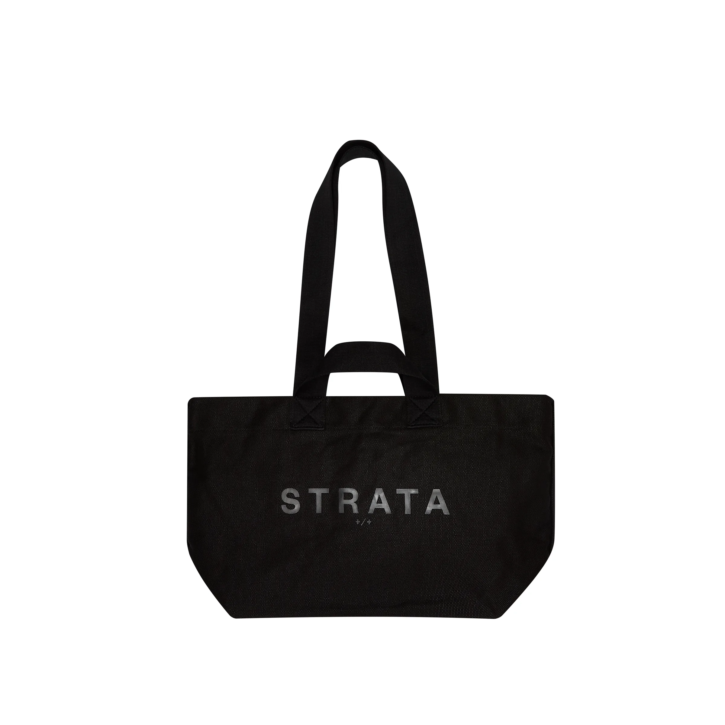 Black canvas tote bag with long and short handles and grey STRATA lettering, shot flat on white, for Strata.
