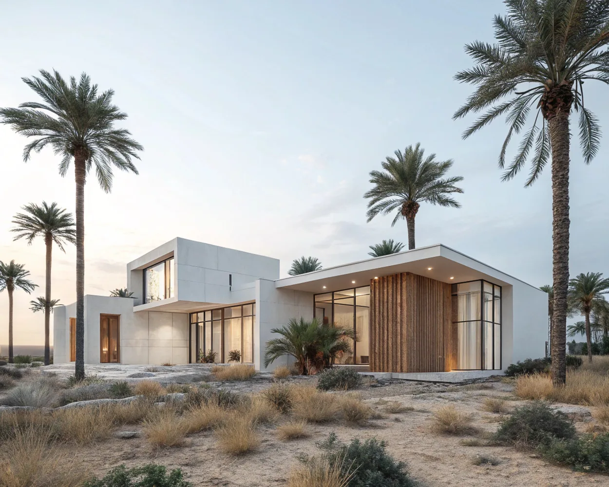 AI image of a white modernist villa with glass walls and wood cladding among palm trees and dry desert grass at dusk. AI Concept.