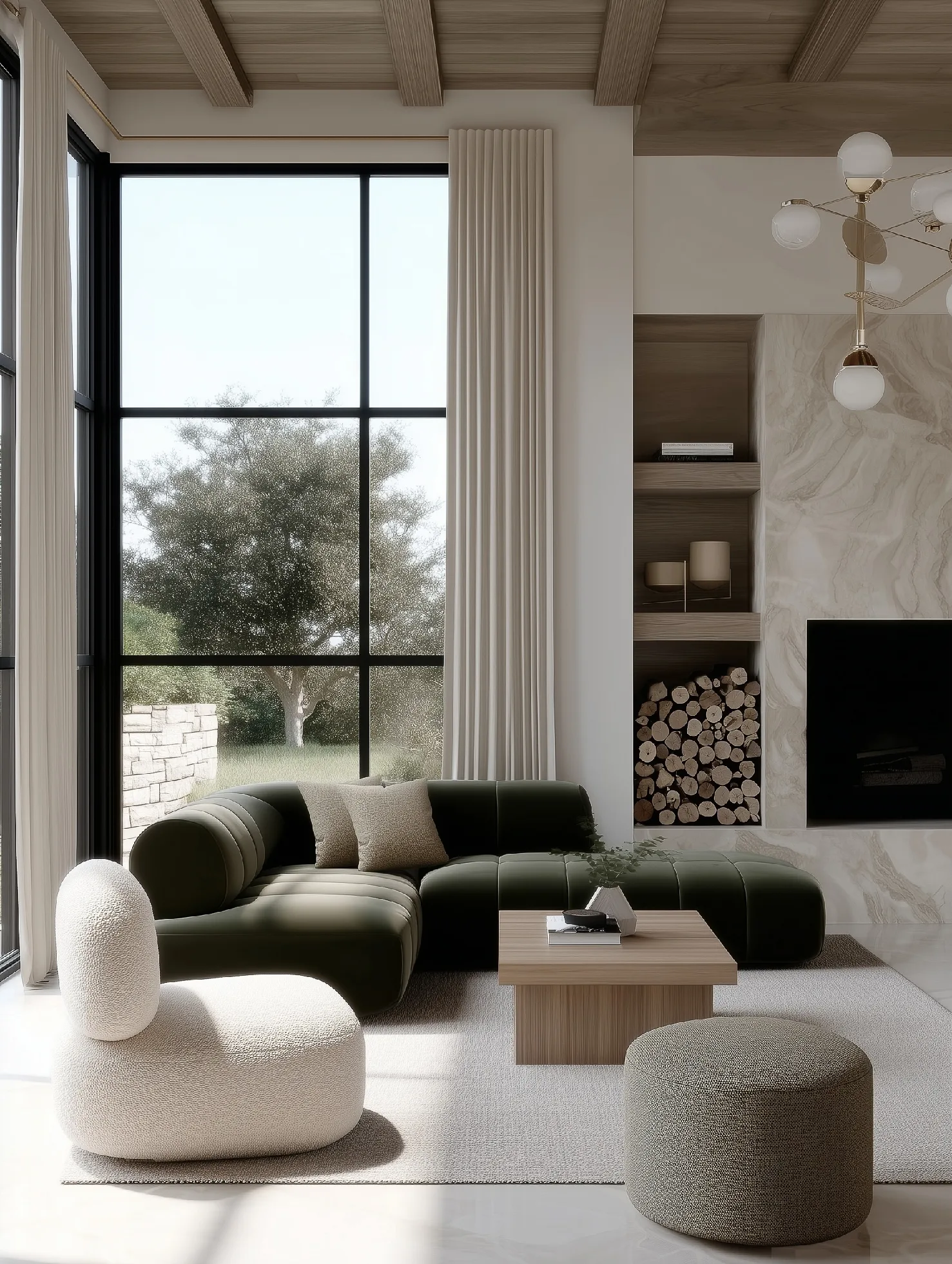 AI image of a living room with tall black-framed windows, linen drapes, green velvet sofa and marble fireplace. The Shade Store AI Concept.