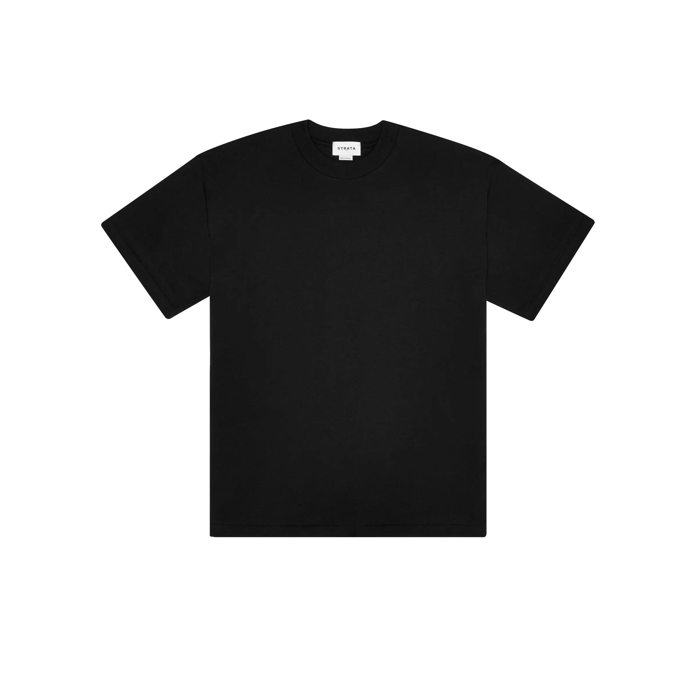 Black crew-neck tour T-shirt laid flat on a white background, front view, for Strata.