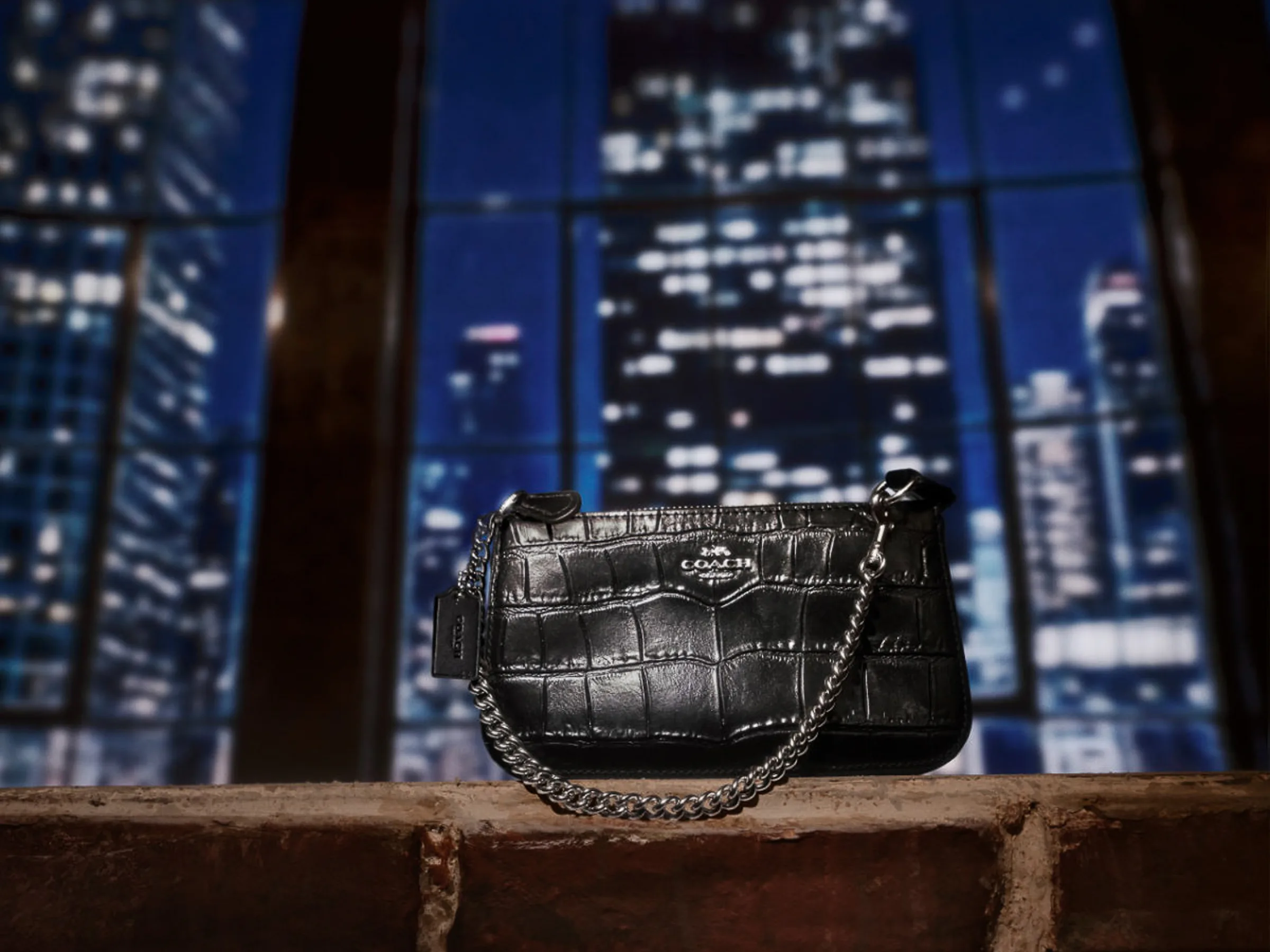AI image of a black croc-embossed shoulder bag with silver chain on a brick ledge before a night city skyline, for Coach.