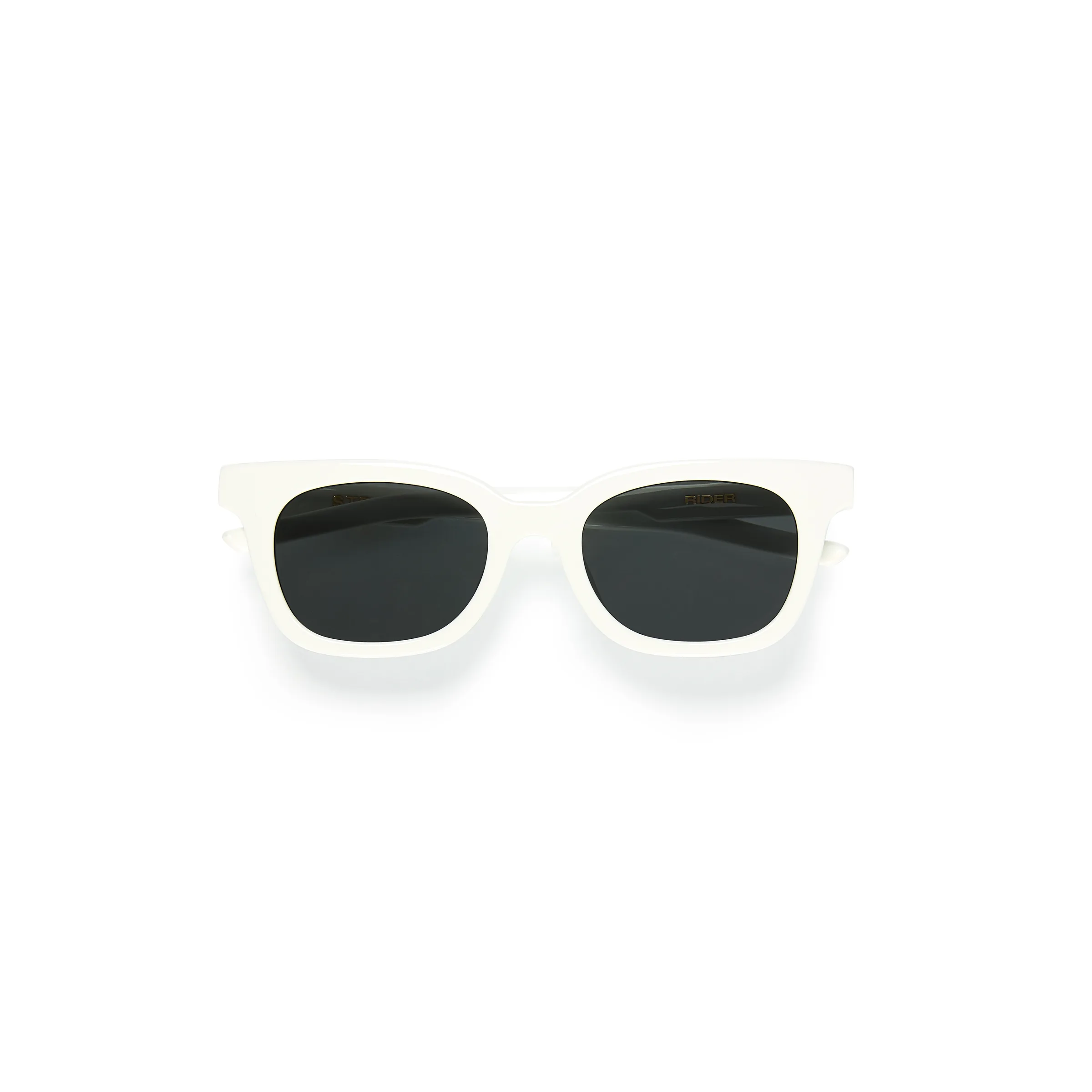 White square-frame sunglasses with dark smoke lenses, folded on a plain white background, for Strata.