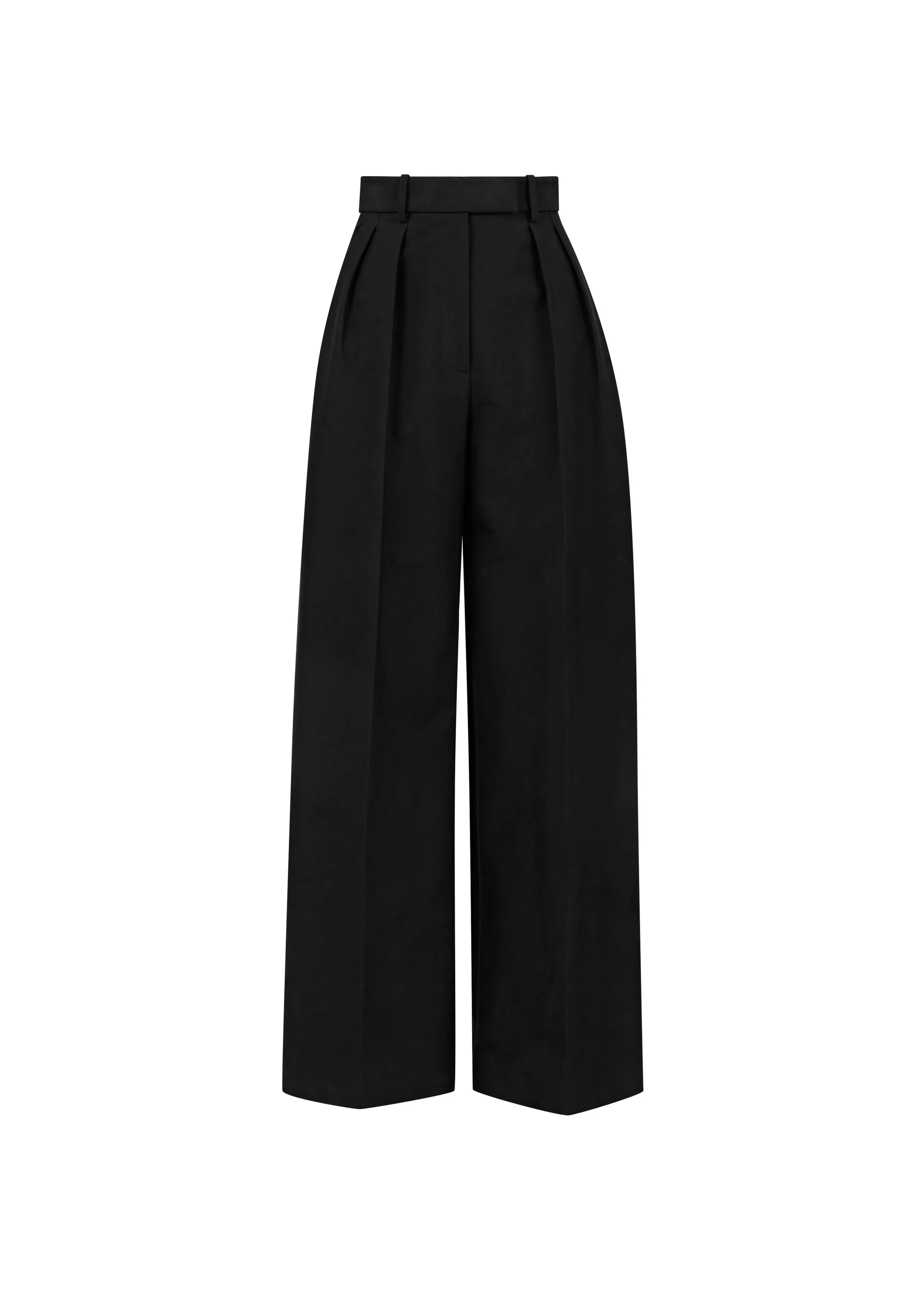 Black high-waisted wide-leg trousers with front pleats, shot flat on a white background, for Khaite.