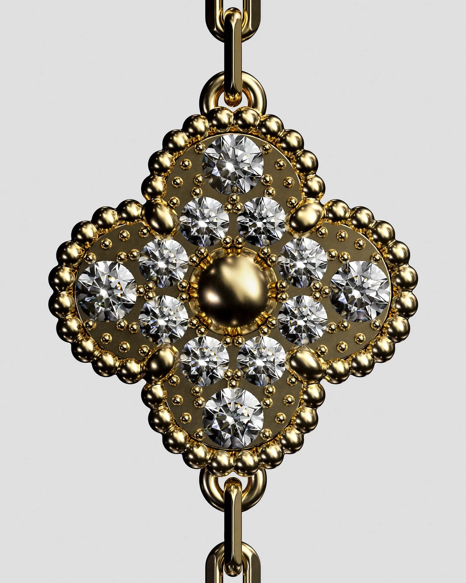 CGI render of a gold quatrefoil pendant set with round diamonds and beaded edging on a chain, for Van Cleef & Arpels.