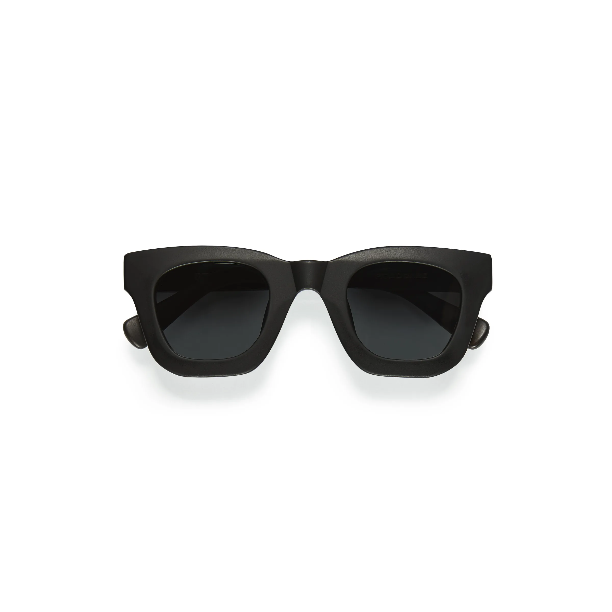 Matte black square-frame sunglasses with smoke lenses, folded on a white background, for Strata.