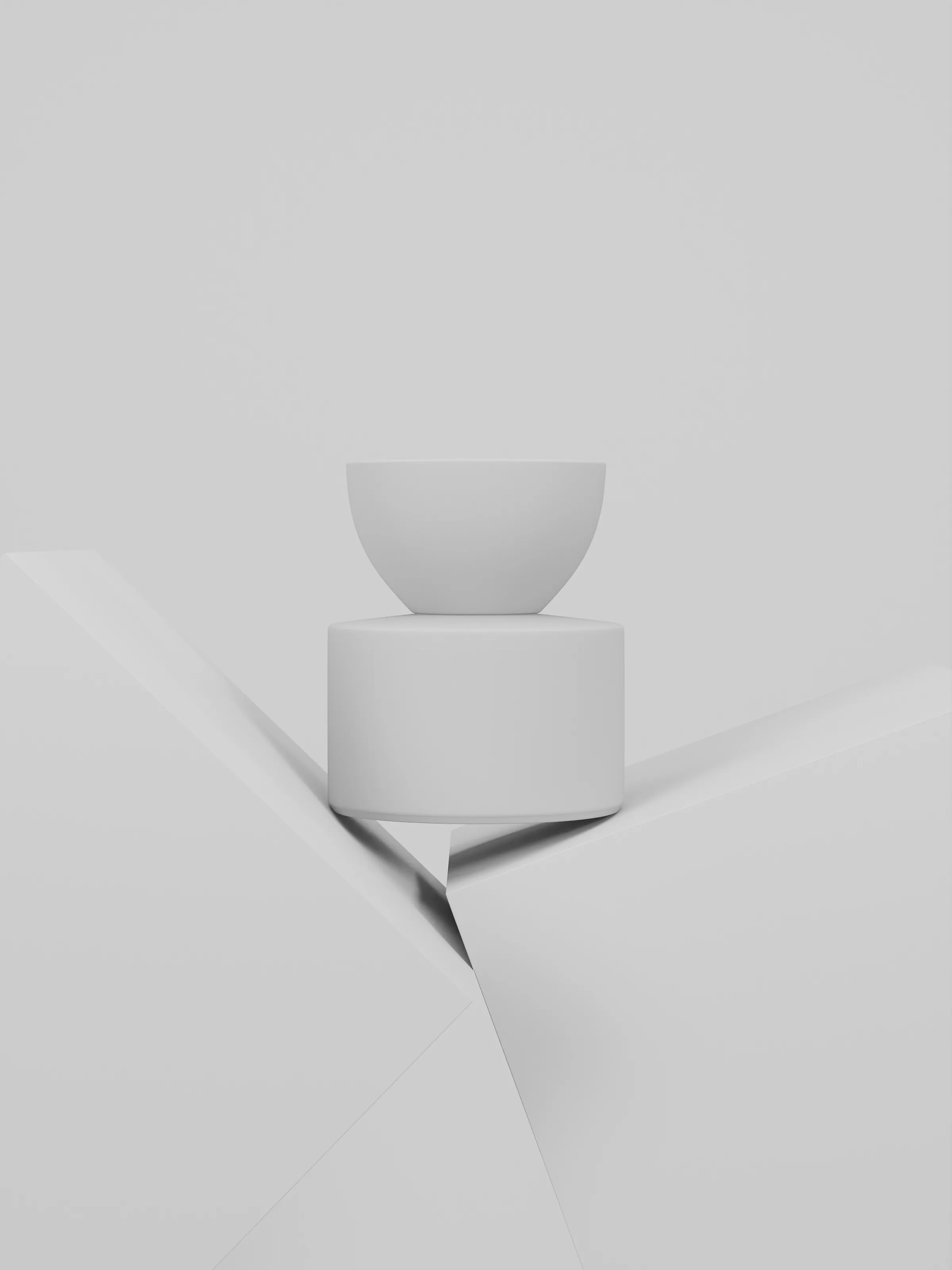 CGI render of a white untextured jar resting on angled folded planes against a pale grey backdrop, for Maison d'Etto.