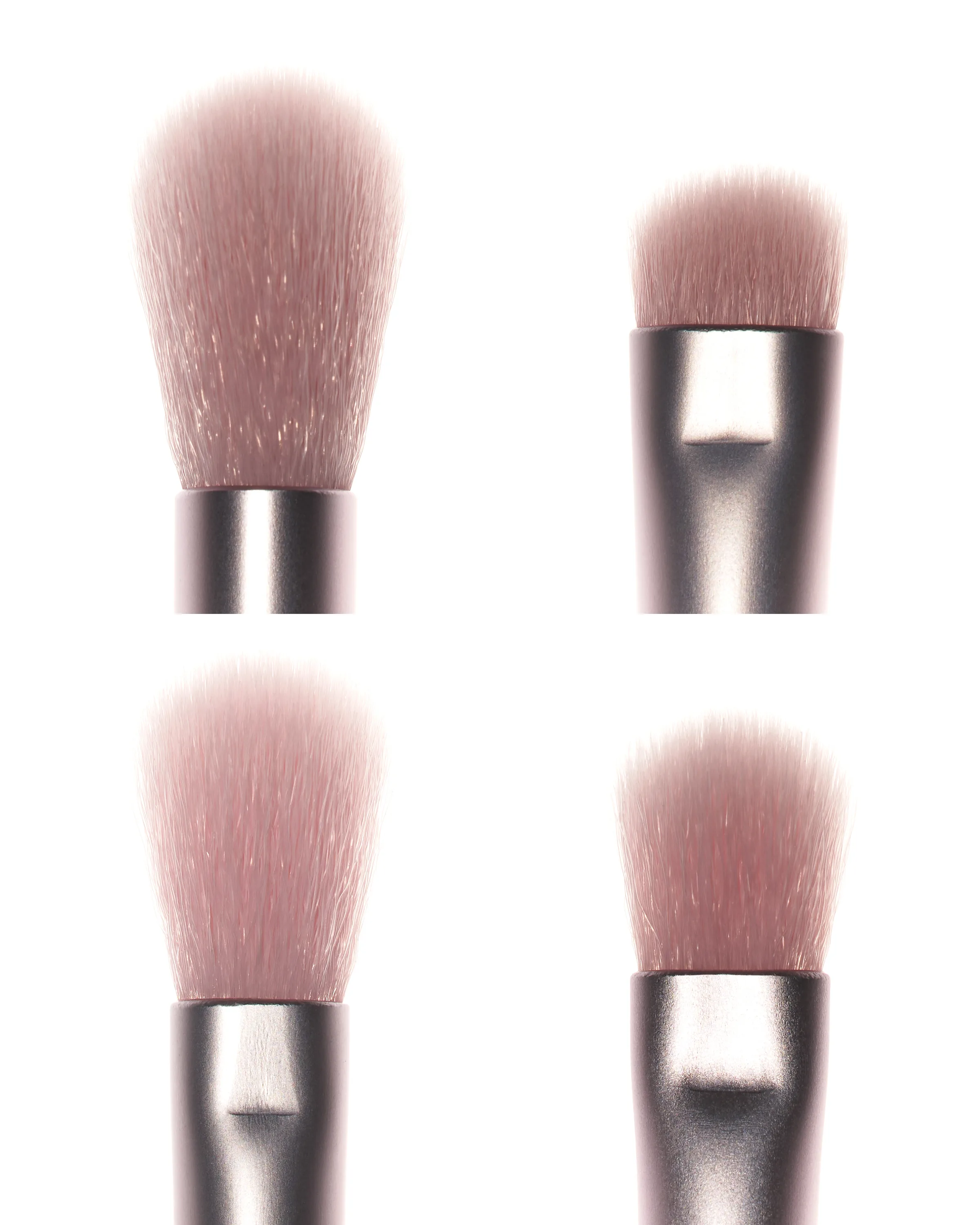 Close-up of four pink-bristled makeup brushes with gunmetal ferrules on a white background, for Kylie Cosmetics.