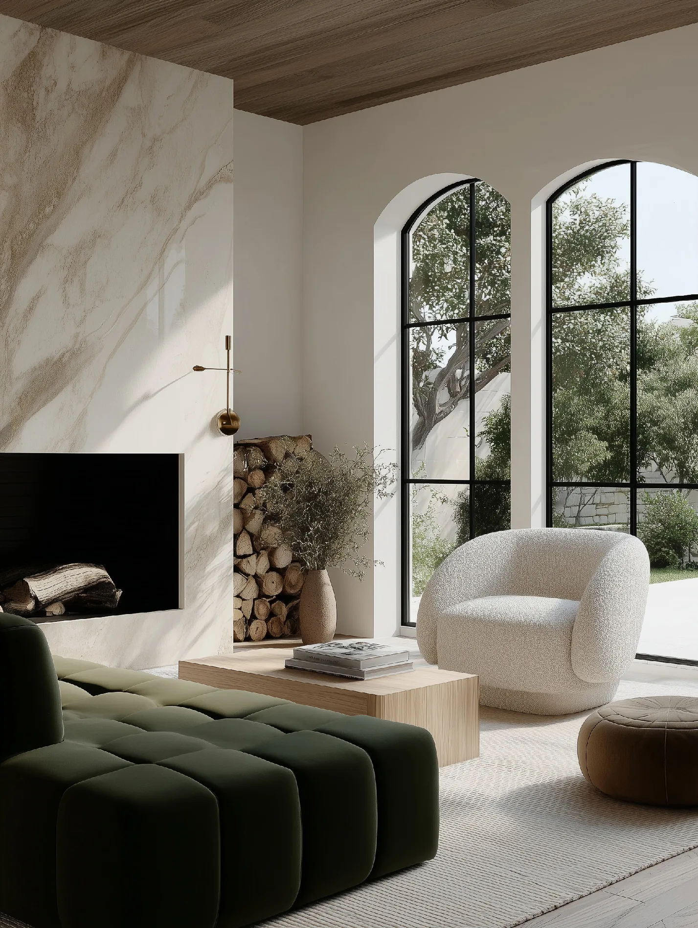 AI image of a living room with marble fireplace, green velvet sofa, boucle chair and arched black windows. The Shade Store AI Concept.