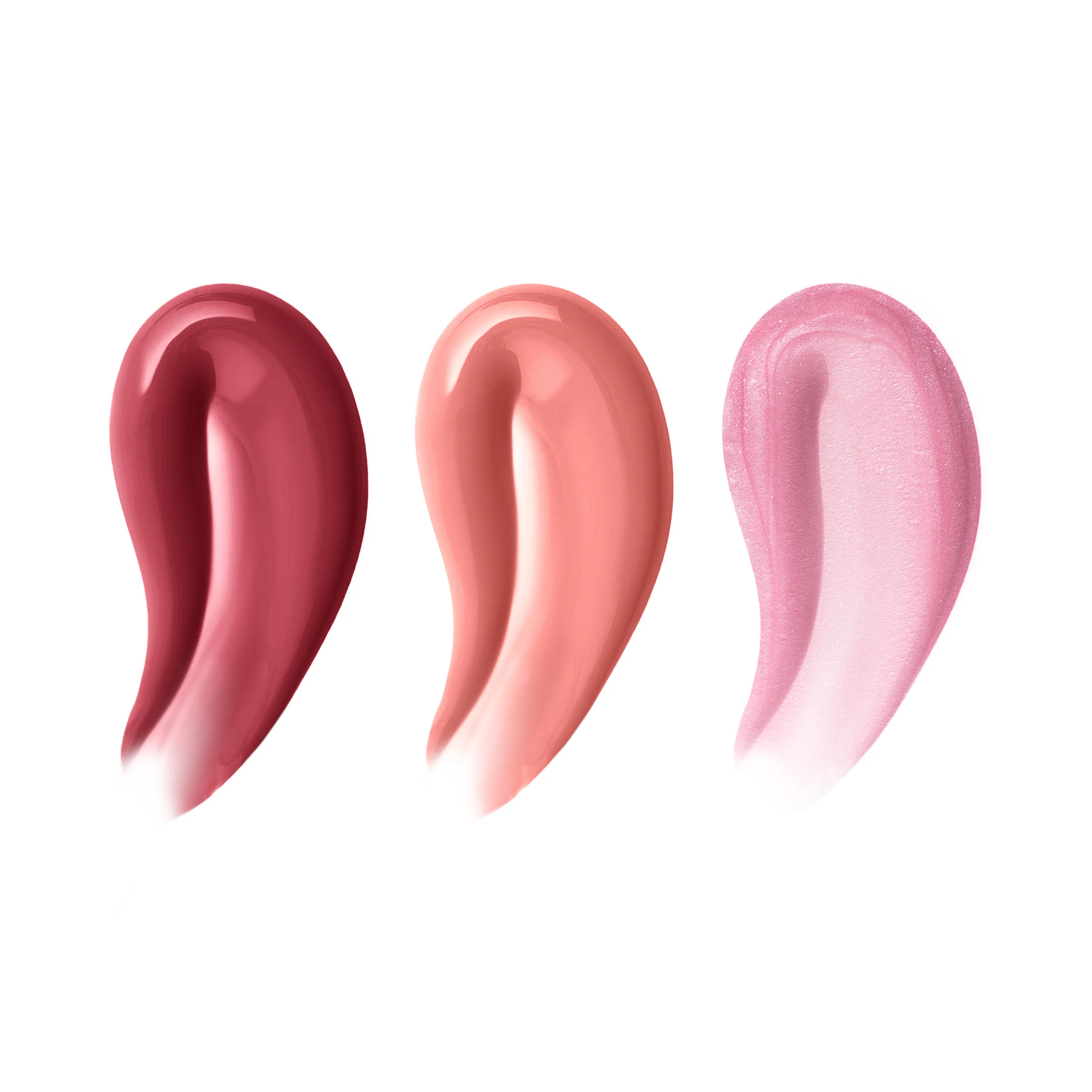 Three glossy lip gloss swatches in berry, peach and shimmery pink on a white background, for Kylie Cosmetics.