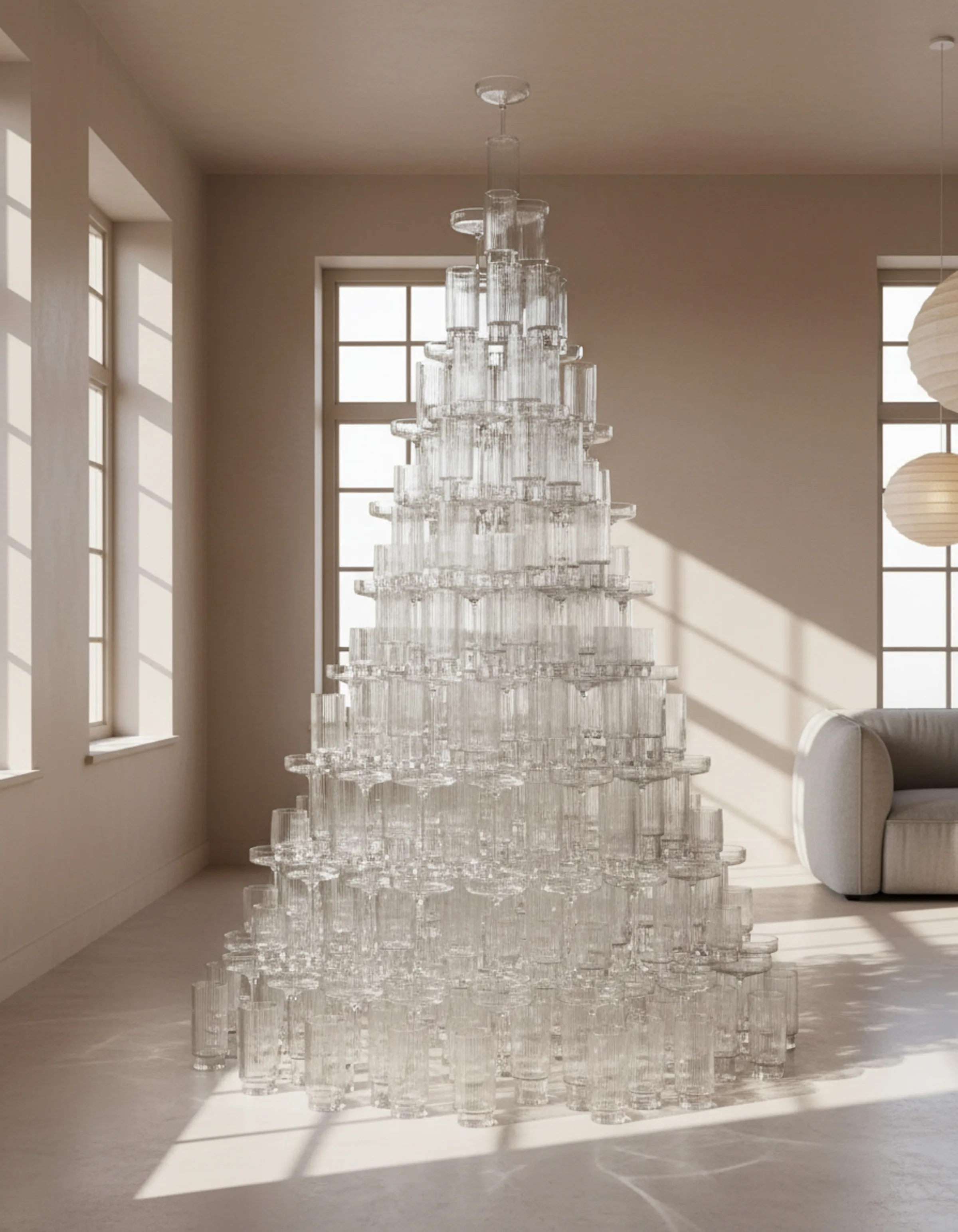AI image of a tall pyramid of stacked clear glasses in a sunlit beige room with paper lanterns. Ferm Living AI Concept.