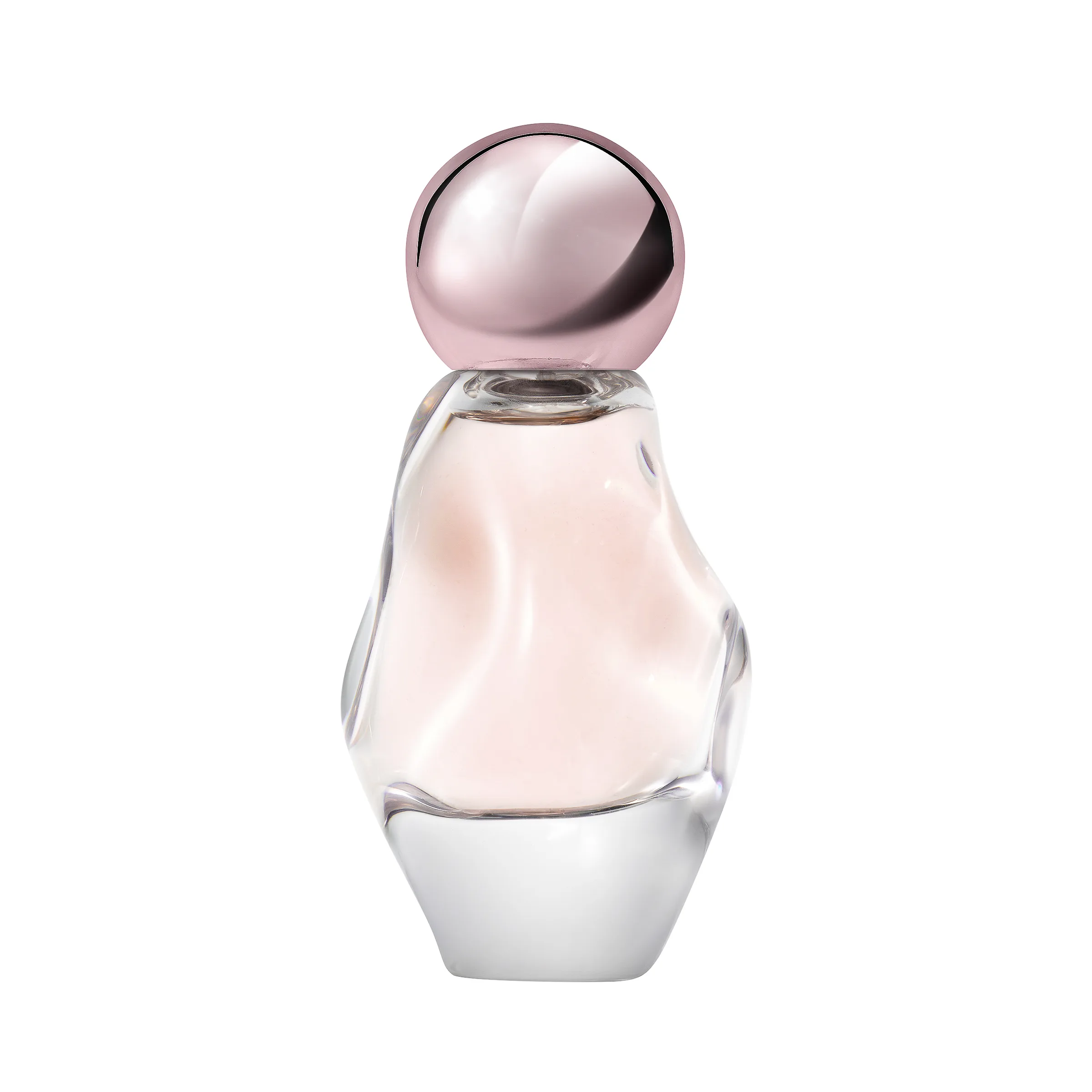 Sculpted clear glass perfume bottle with pale pink liquid and rose-chrome sphere cap on white, for Kylie Cosmetics.