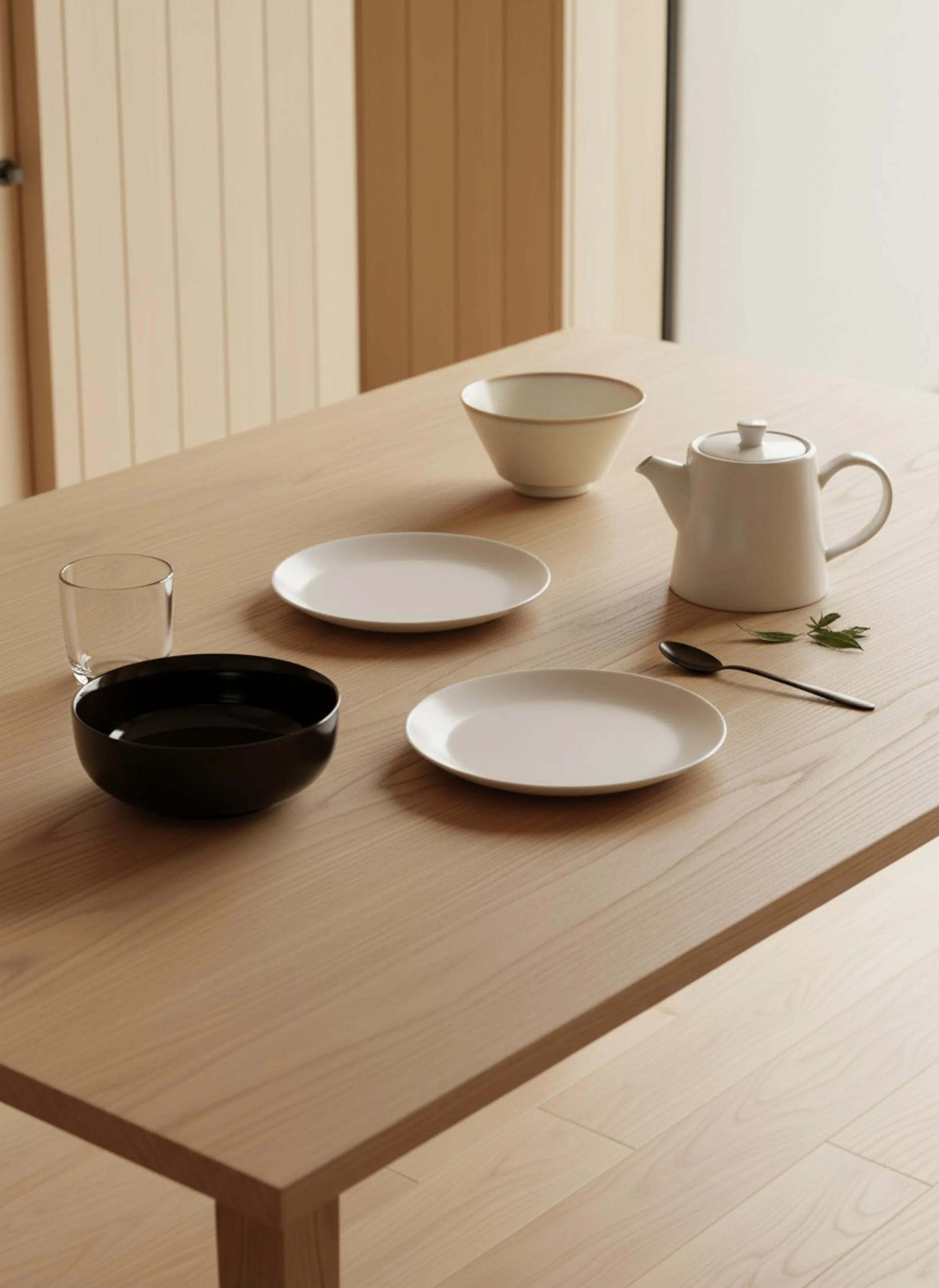 AI image of white plates, a teapot, a black bowl and a glass set on a light oak table in a wood-panelled room. Muji AI Concept.