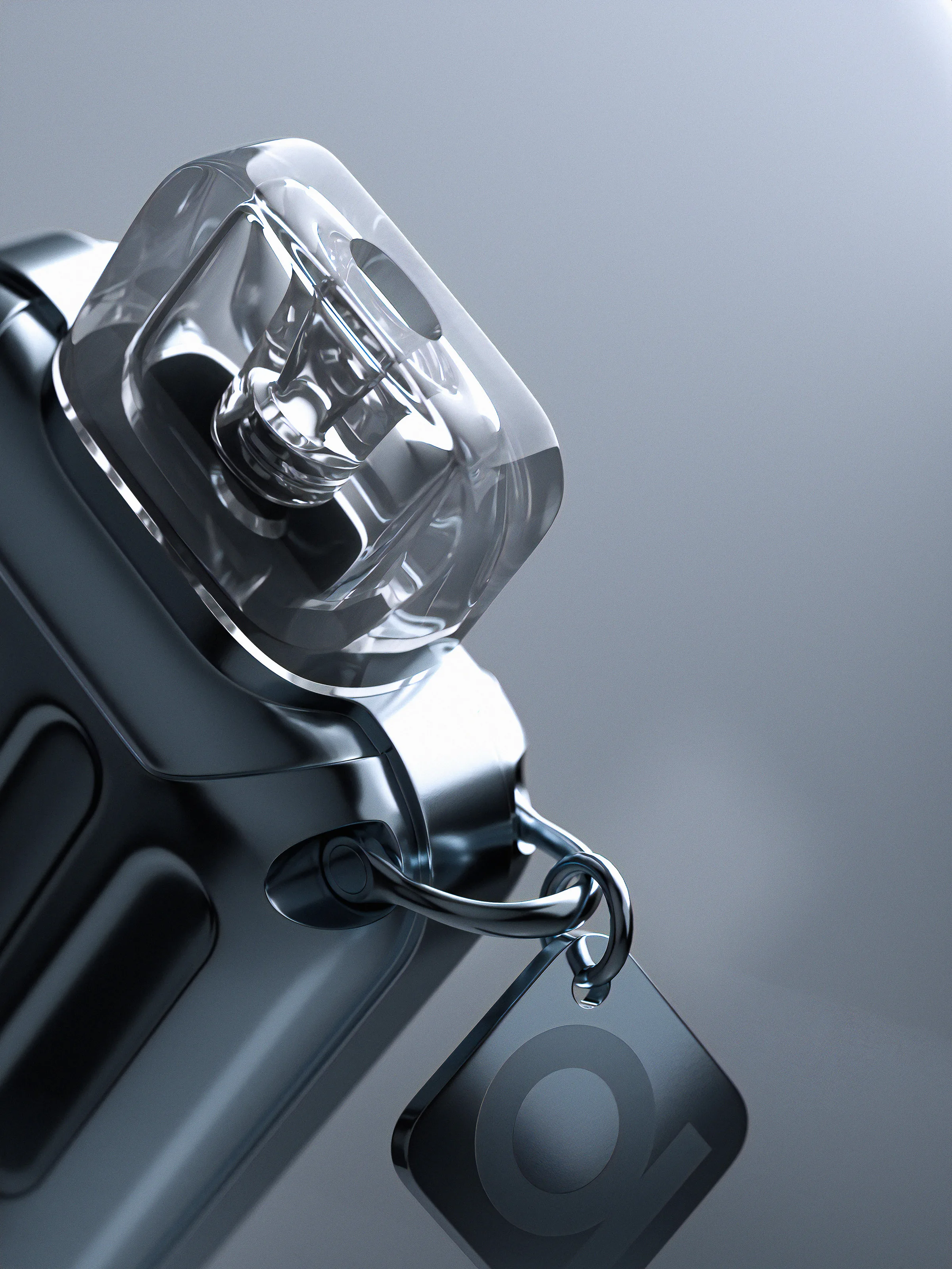CGI render of a dark metal bottle with a clear glass cap and a hanging logo tag on a ring, for Rill.