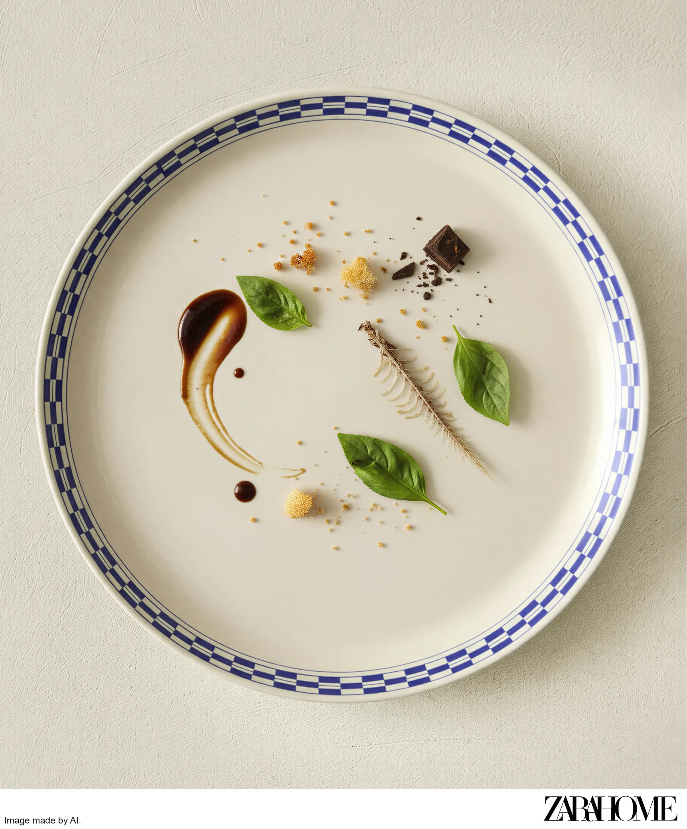 AI image of a cream plate with blue checkered rim, plated with basil leaves, chocolate and sauce swirl. Zara Home AI Concept.