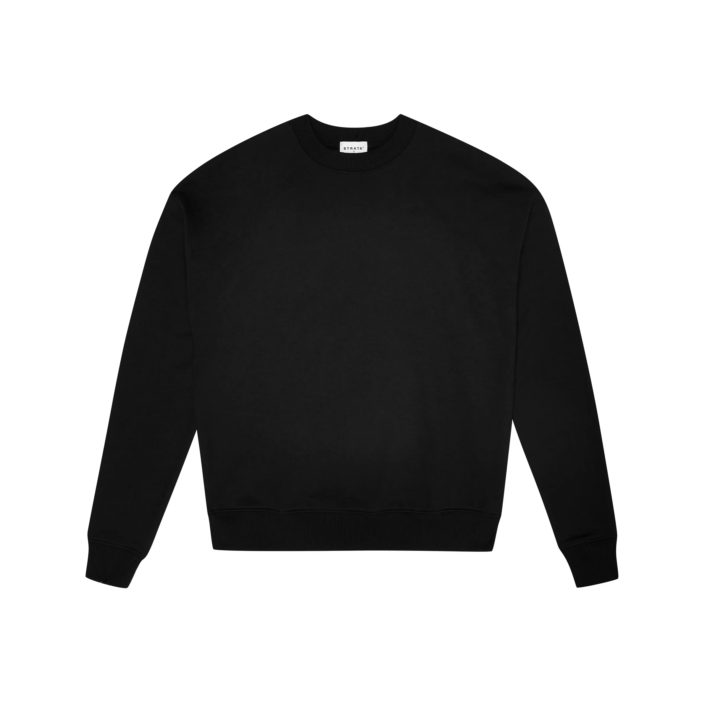 Black crewneck sweatshirt laid flat on a white background, front view, for Strata.