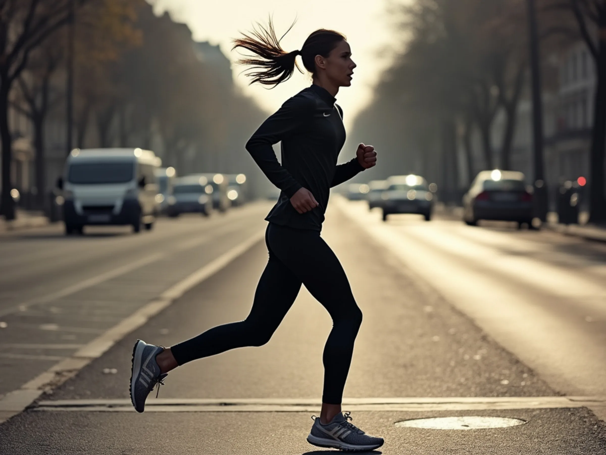 AI image of a woman in black running gear and grey sneakers jogging across a hazy tree-lined city street. Nike AI Concept.