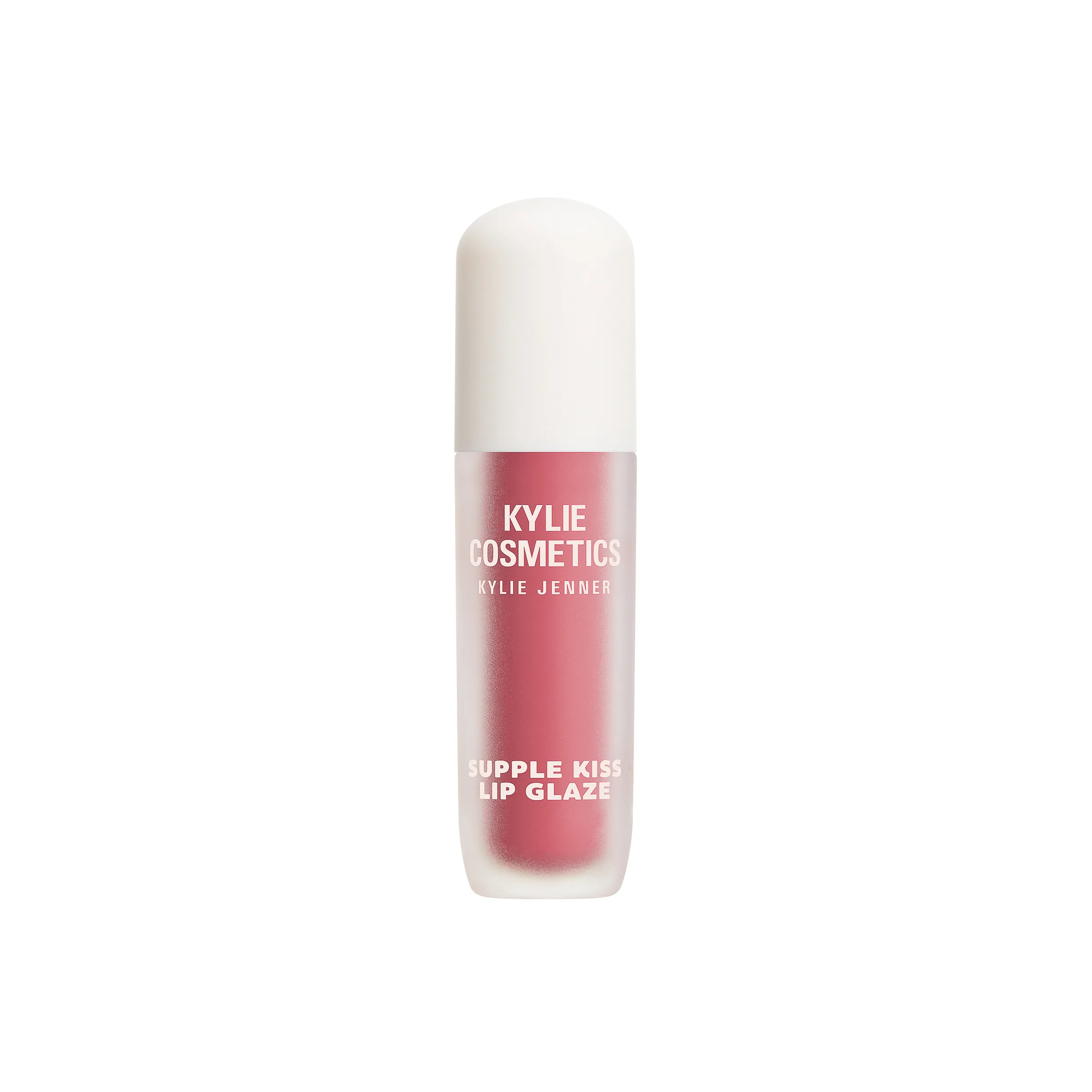 Pink Supple Kiss Lip Glaze tube with frosted body and white cap on a white background, for Kylie Cosmetics.