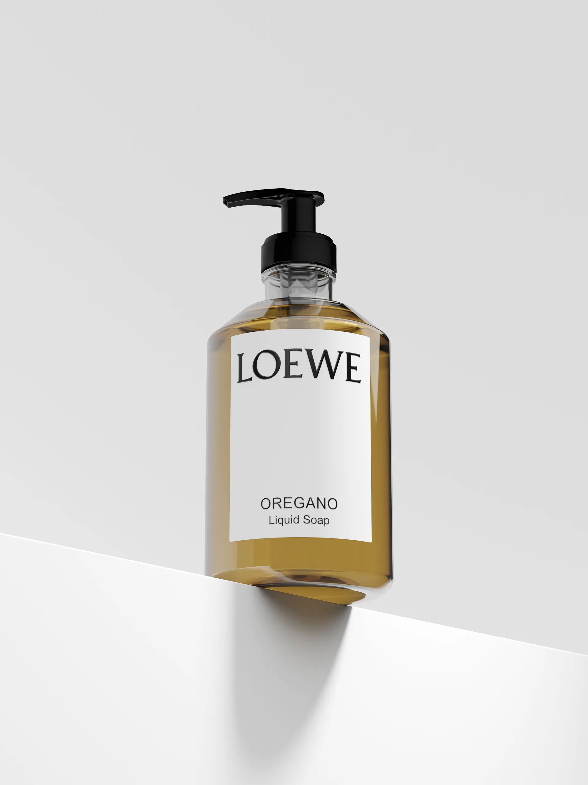 CGI render of an amber Oregano liquid soap pump bottle balanced on the edge of a white ledge, for Loewe.