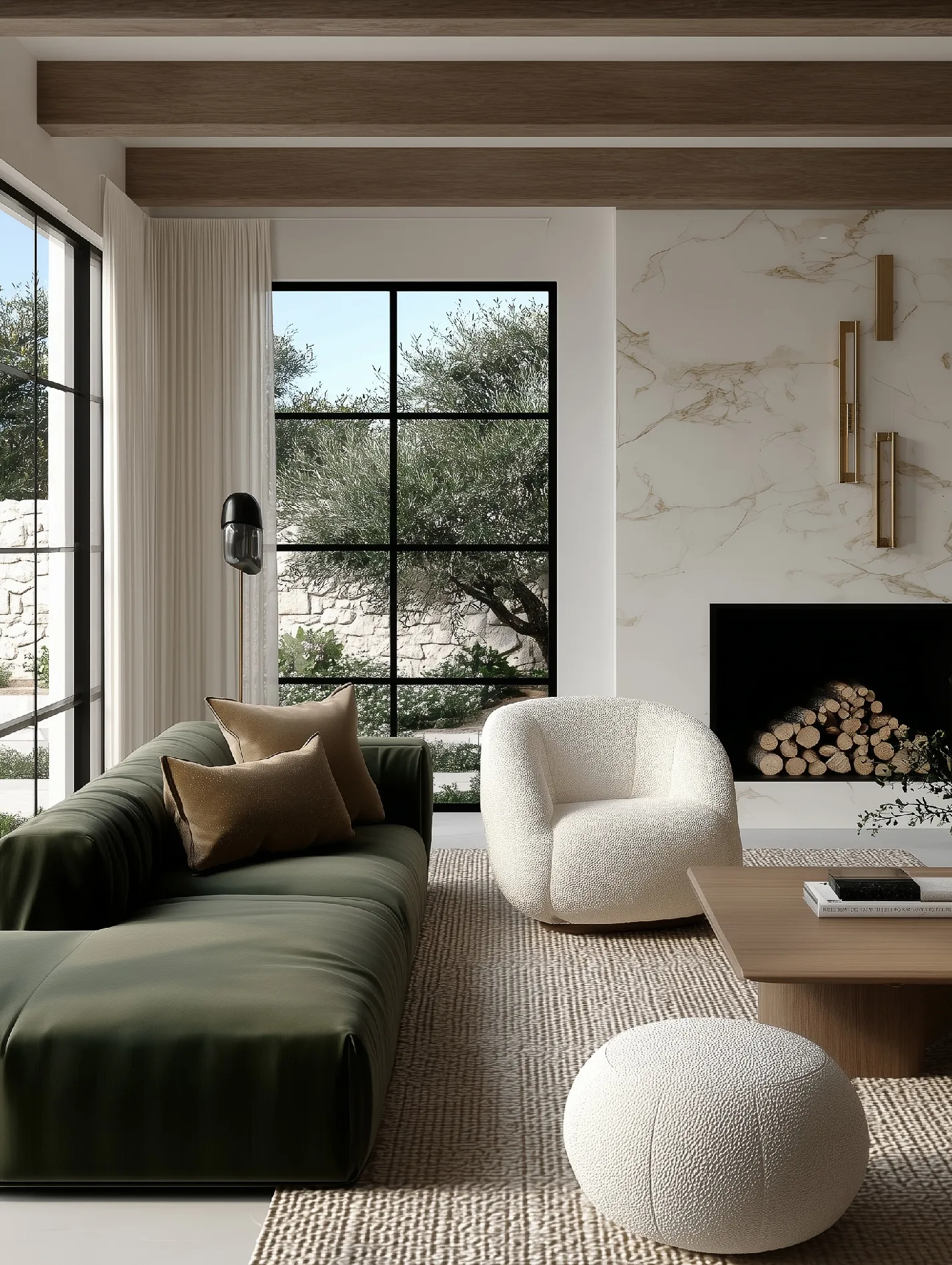 AI image of a living room with a green sofa, bouclé chair, marble fireplace and tall black-framed windows. The Shade Store AI Concept.
