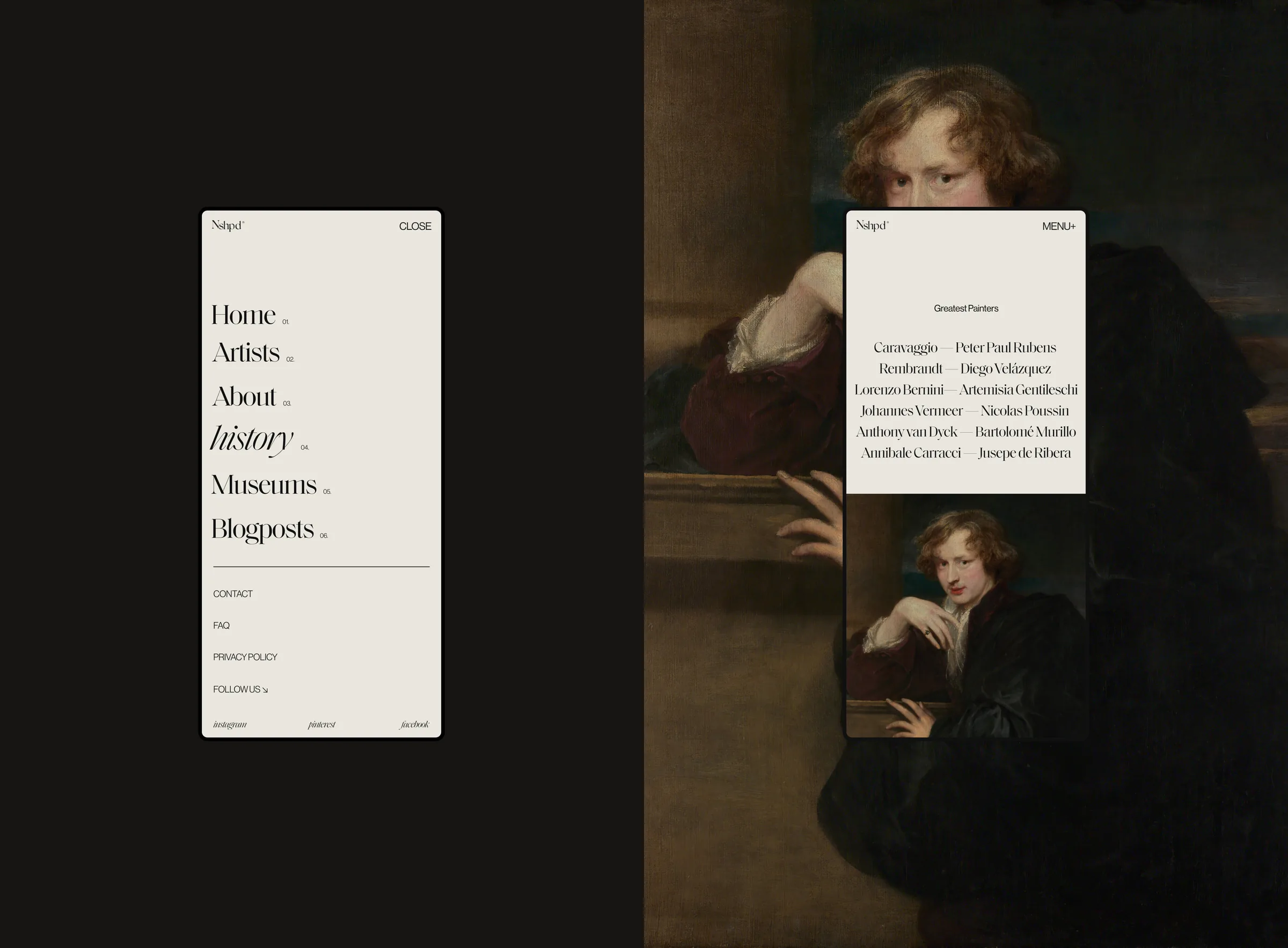 Two mobile screens, a serif navigation menu and a list of great painters over a Van Dyck self-portrait, for Nshpd.