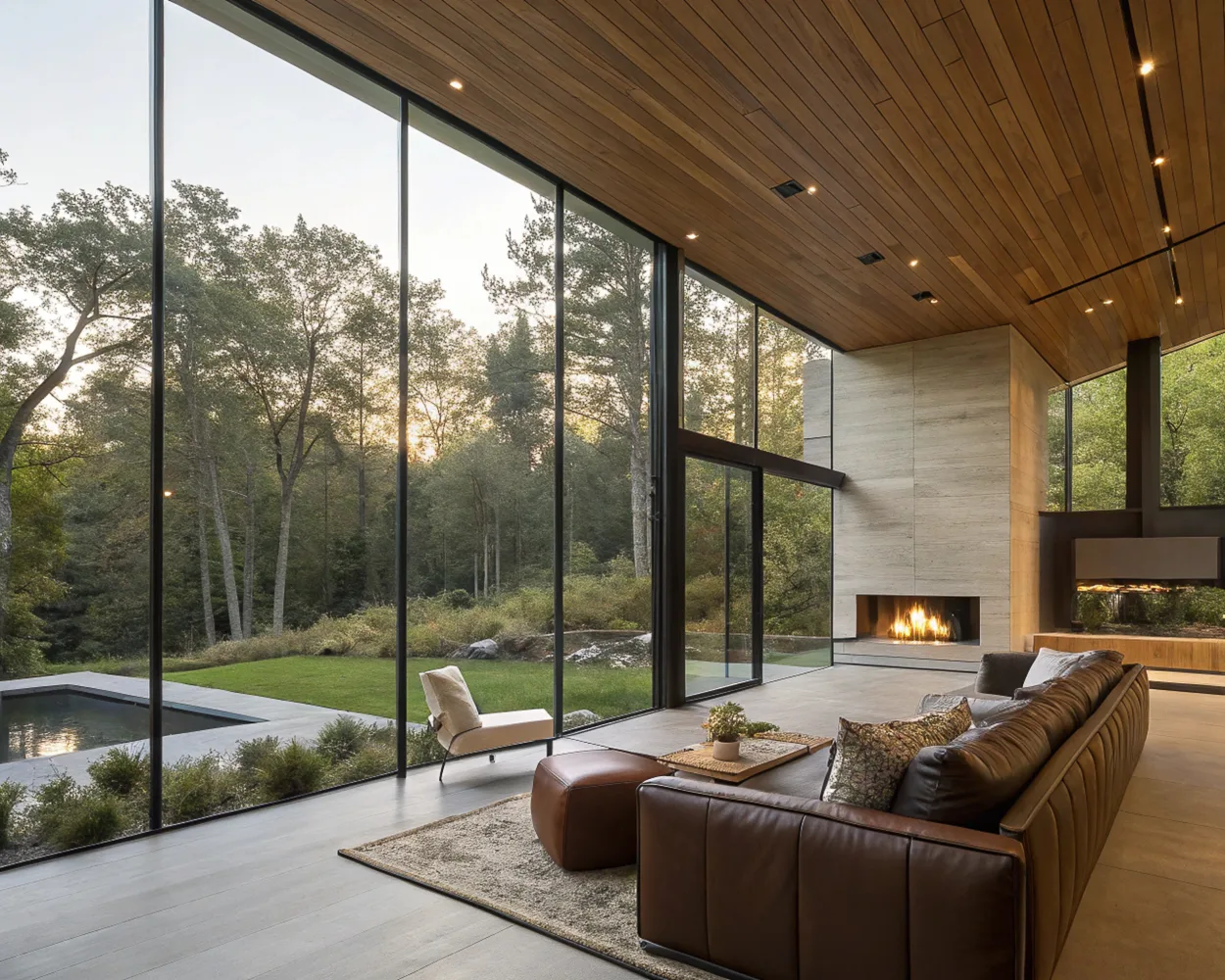 AI image of a modern living room with floor-to-ceiling glass, brown leather sofa, stone fireplace and wooded garden with pool. AI Concept.