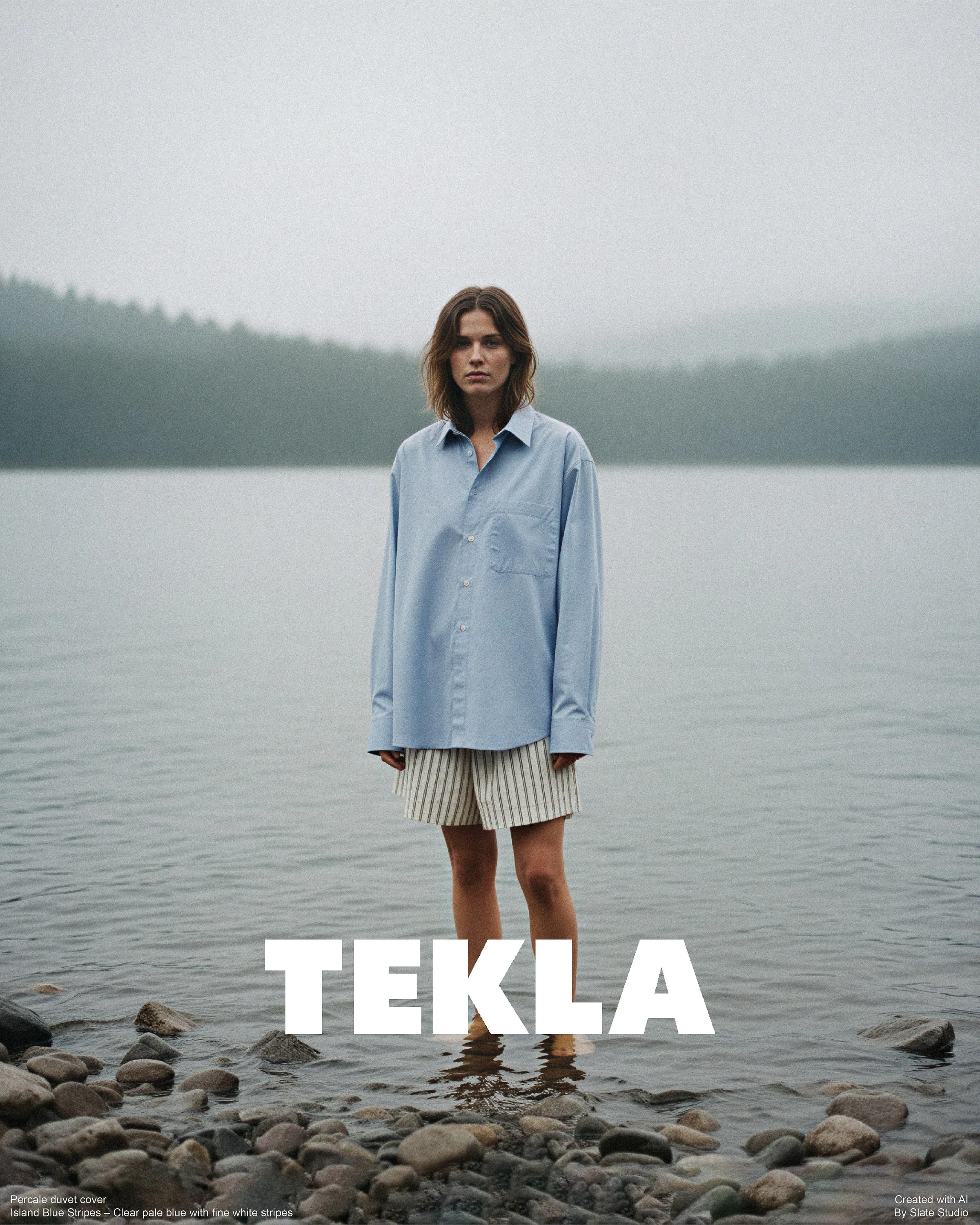AI image of a woman in a pale blue shirt and striped shorts standing in a misty lake by rocky shore. Tekla AI Concept.