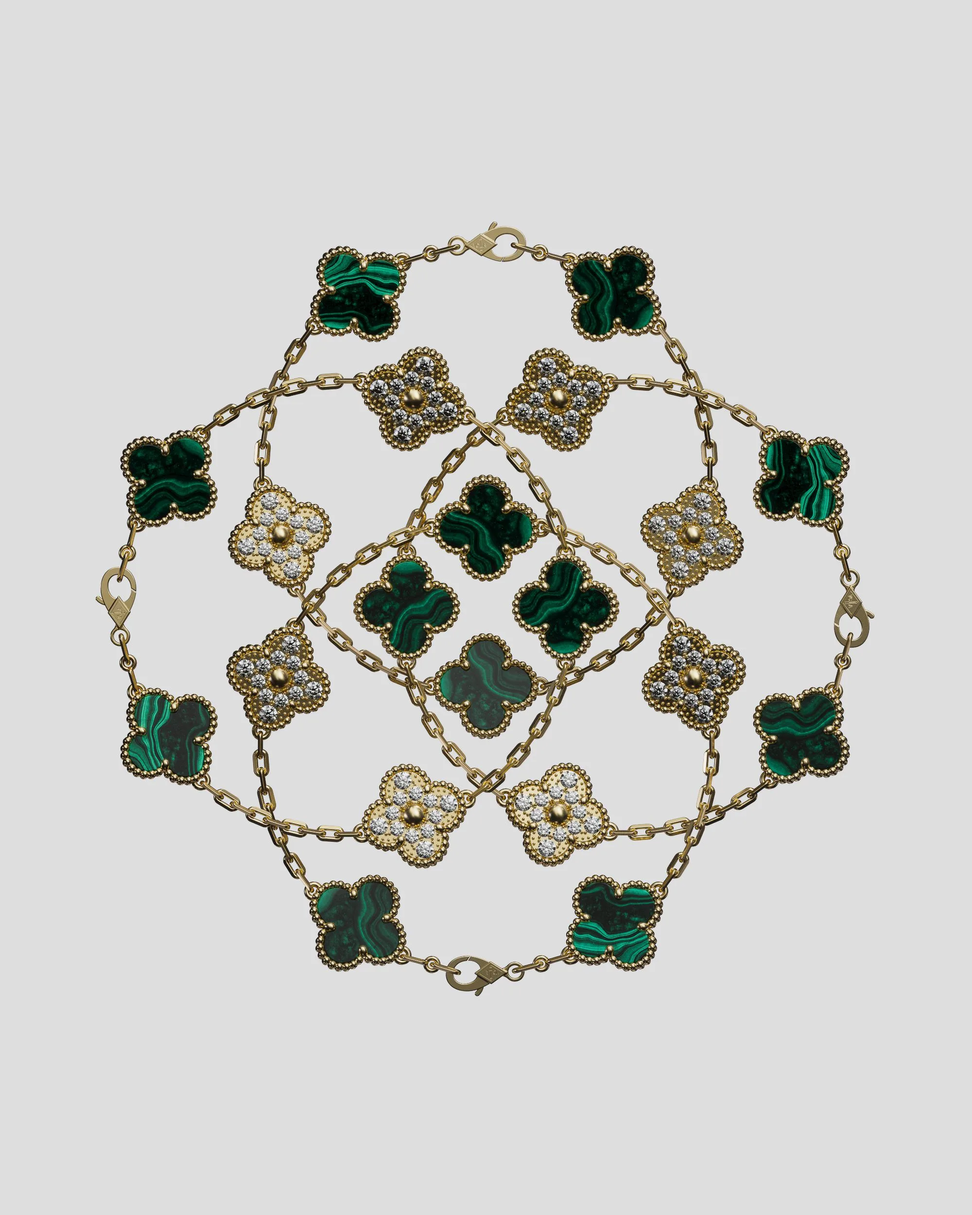 CGI render of gold Alhambra bracelets with malachite and diamond clovers in a symmetrical pattern, for Van Cleef & Arpels.