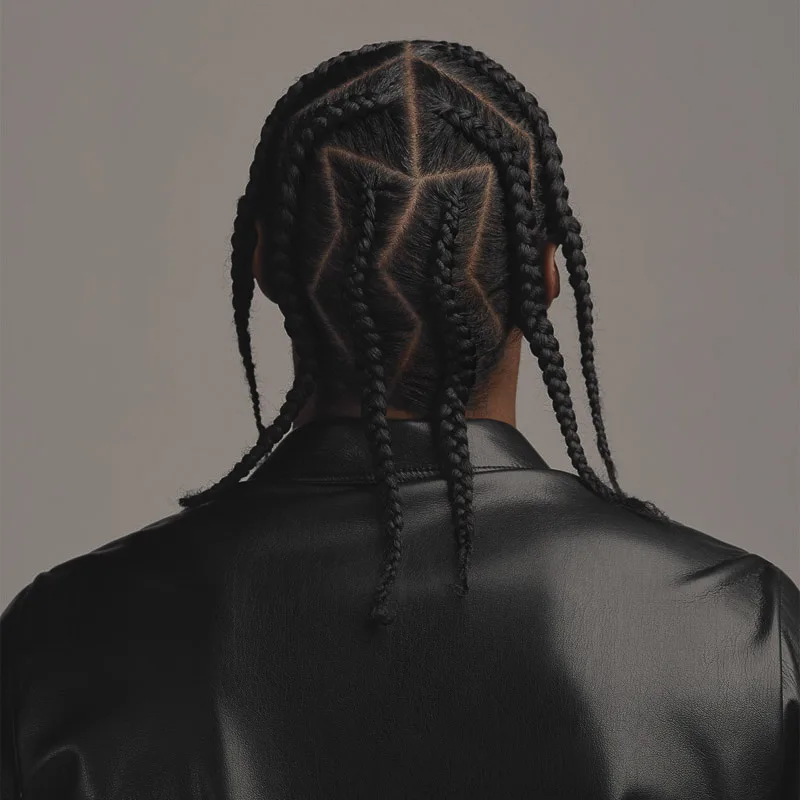 Back view of a model with black box braids in zigzag parts, wearing a black leather jacket on grey, for Cecred.