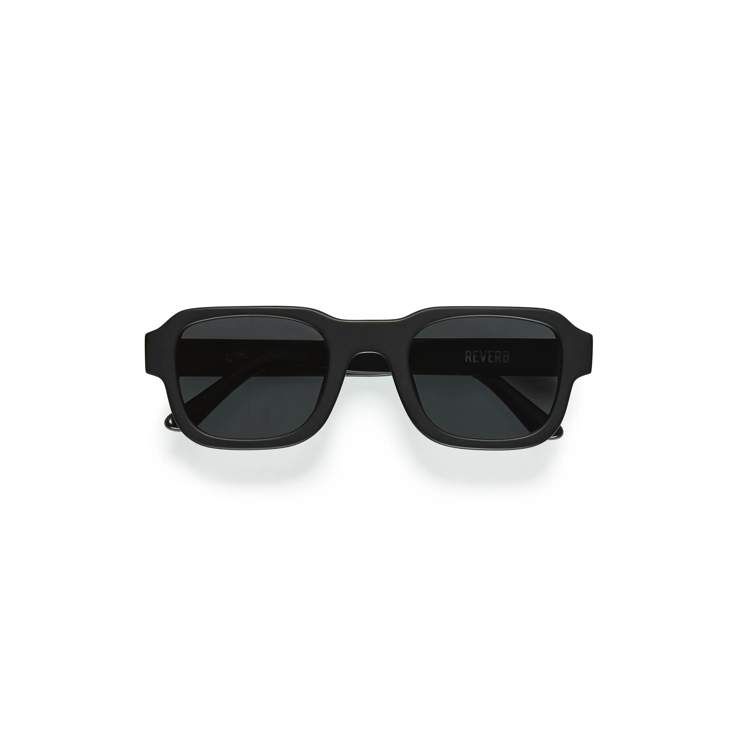 Black matte square-frame sunglasses with smoke lenses, folded flat on a white background, for Strata.