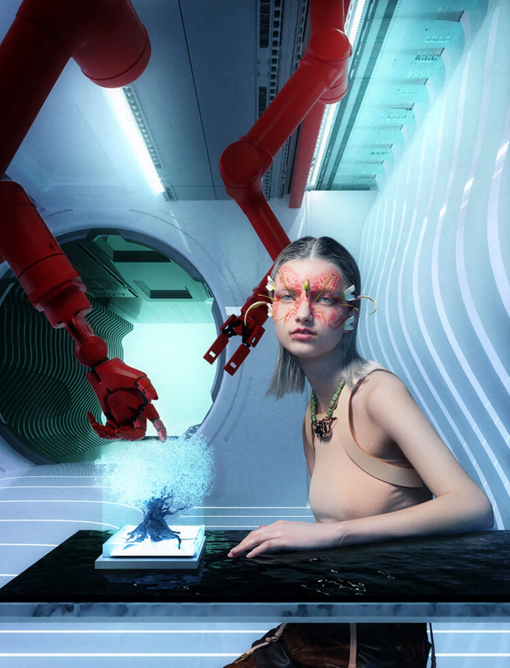 Model with red face paint seated at a black table beneath red robotic arms in a futuristic white set, for Dazed.
