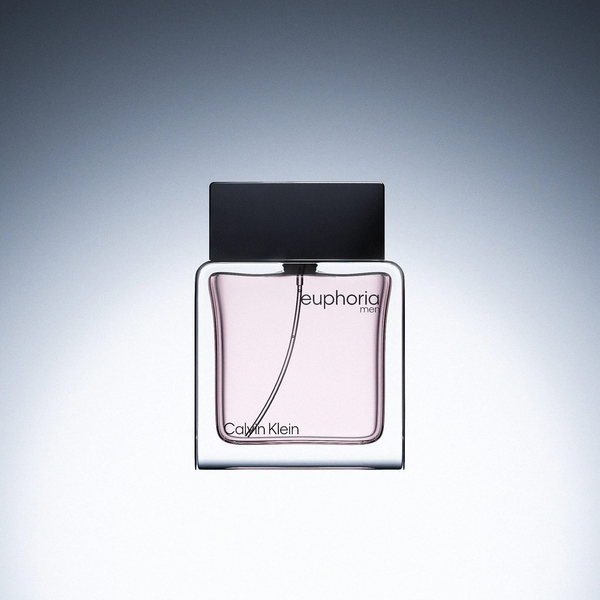 CGI render of a Euphoria Men perfume bottle with pale pink liquid and black cap on a grey gradient, for Calvin Klein.