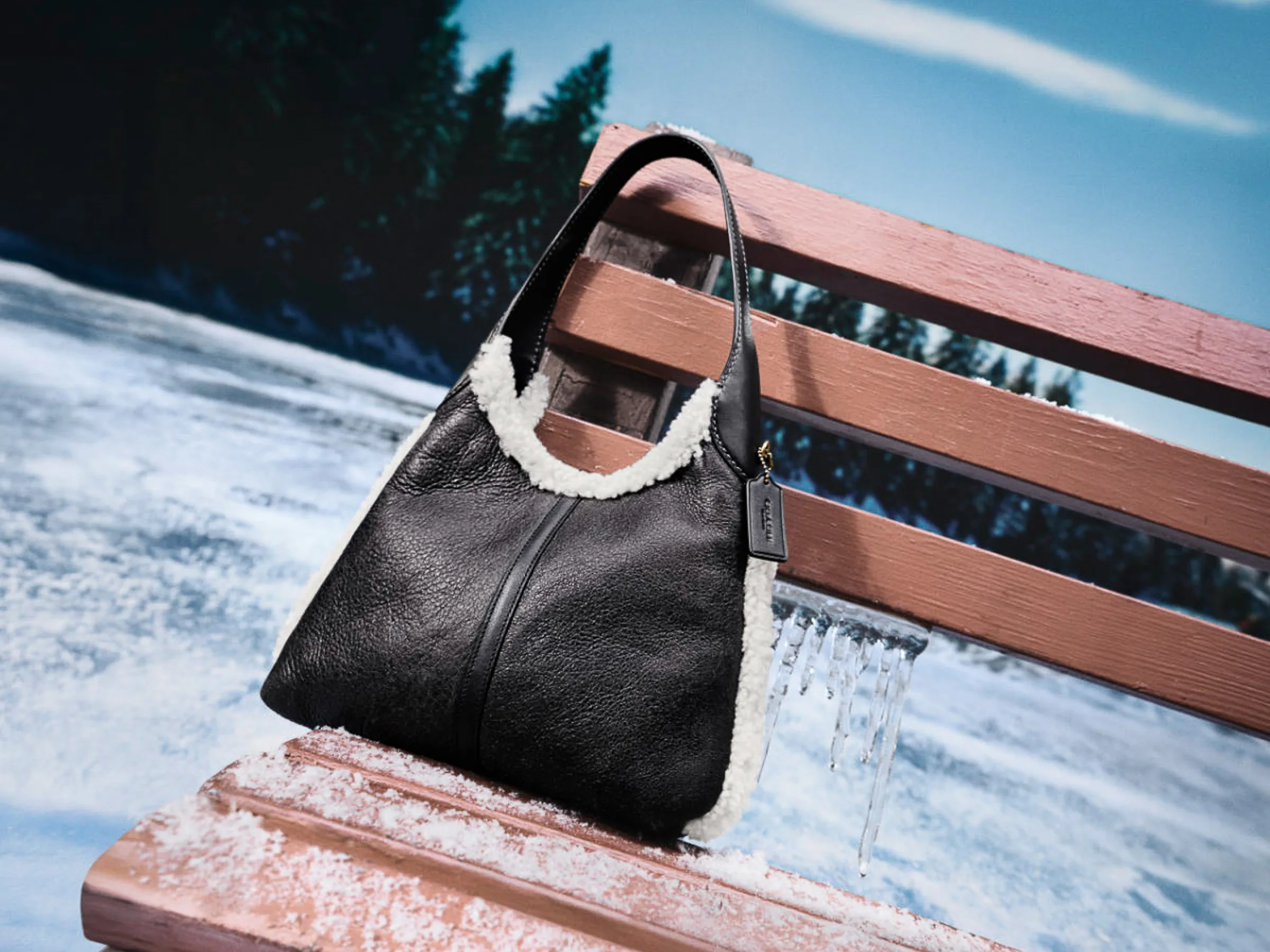 AI image of a black leather shoulder bag with shearling trim on a snowy wooden bench with icicles, for Coach.