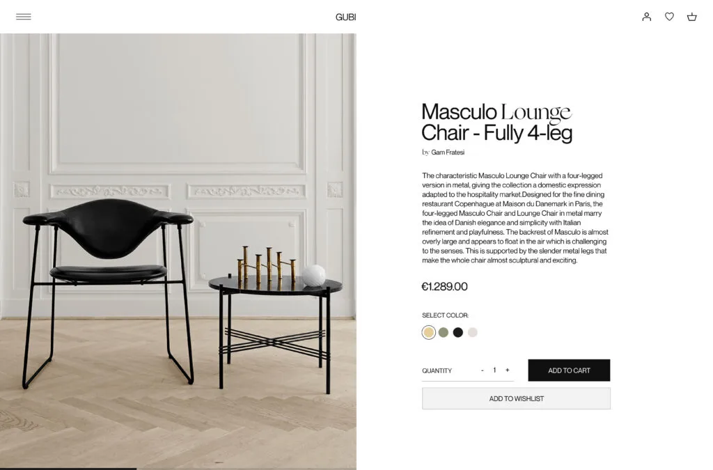 Product page showing the black Masculo Lounge Chair beside a side table in a white panelled room, for Gubi.