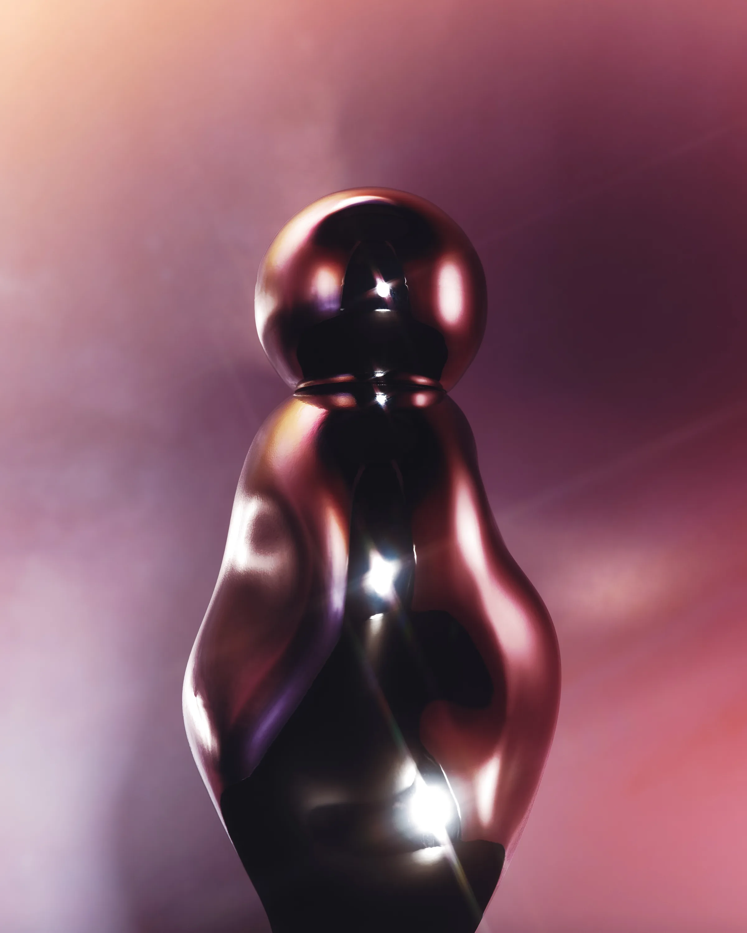 Curved iridescent perfume bottle with glinting highlights against a hazy pink and purple backdrop, for Kylie Cosmetics.